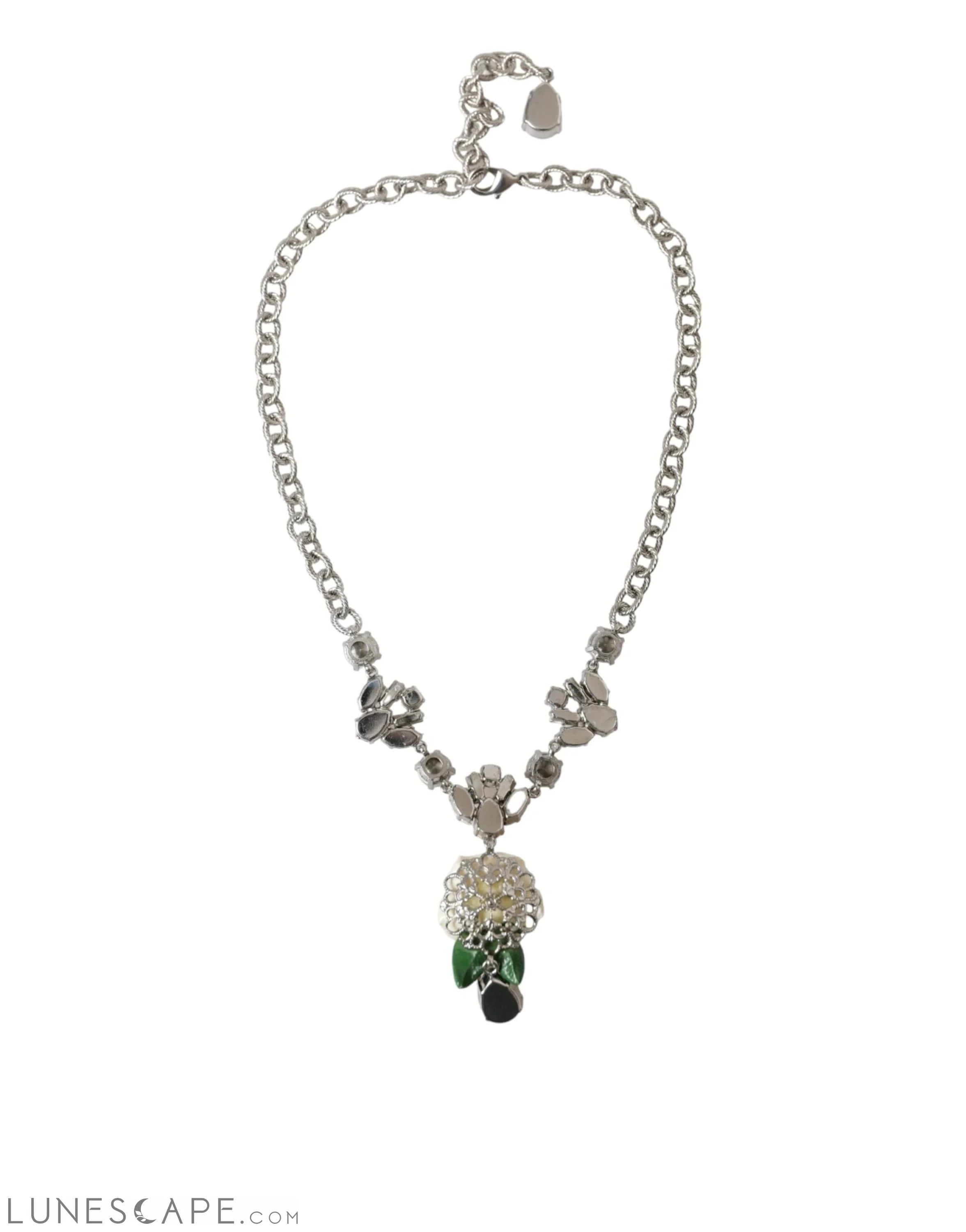 Dolce & Gabbana Silver Brass Clear Crystal Roses Pendants Necklace LUNESCAPE