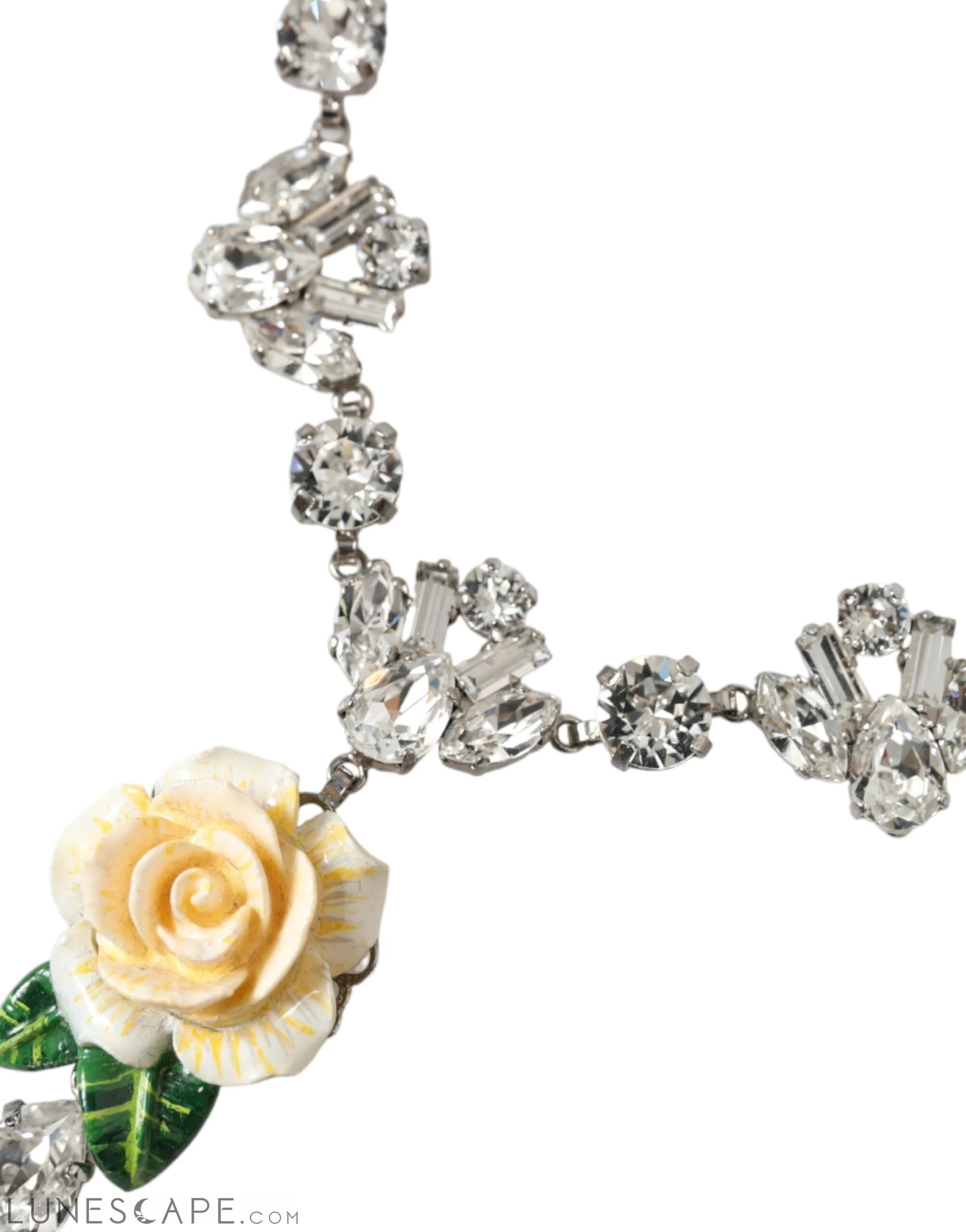 Dolce & Gabbana Silver Brass Clear Crystal Roses Pendants Necklace LUNESCAPE