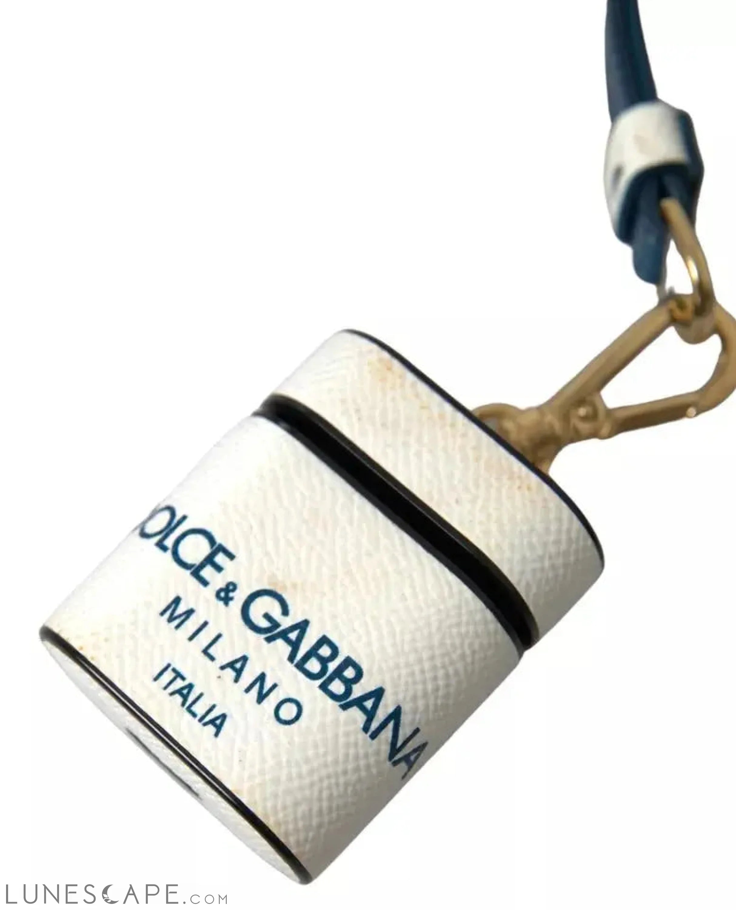 Dolce & Gabbana White Blue Calf Leather Logo Print Strap Airpods Case LUNESCAPE