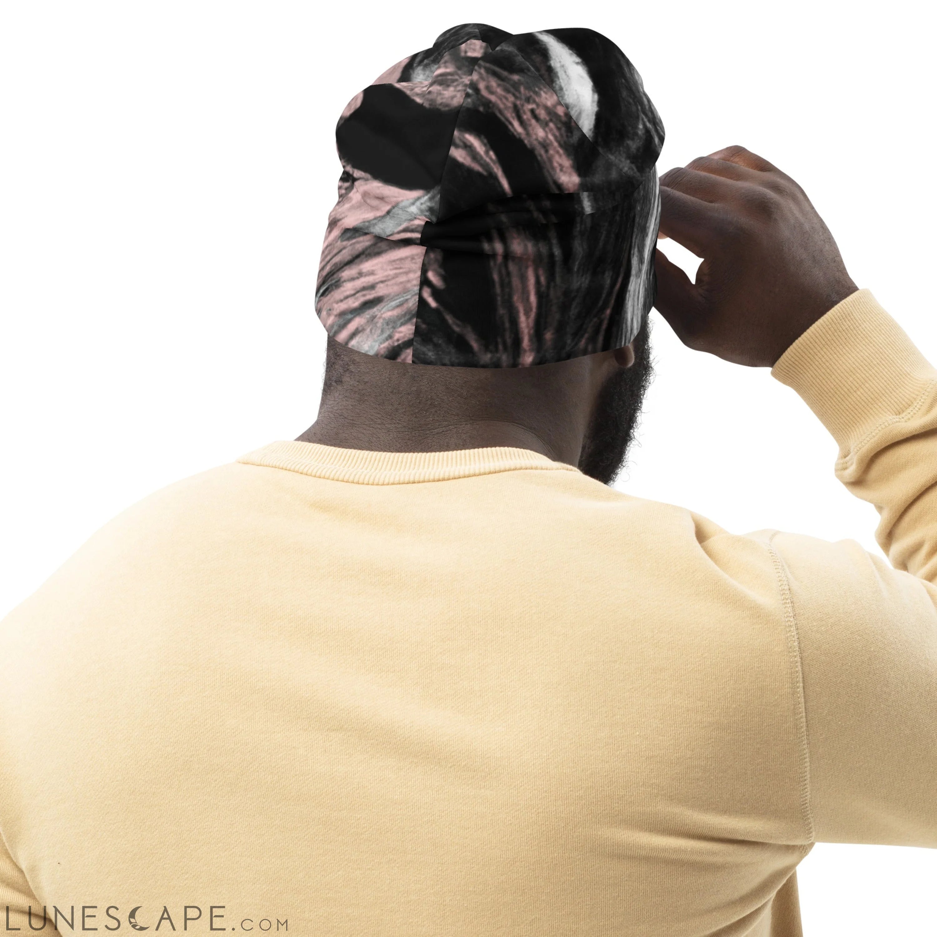 Double-layered Beanie Hat Black Pink White Abstract Pattern LUNESCAPE