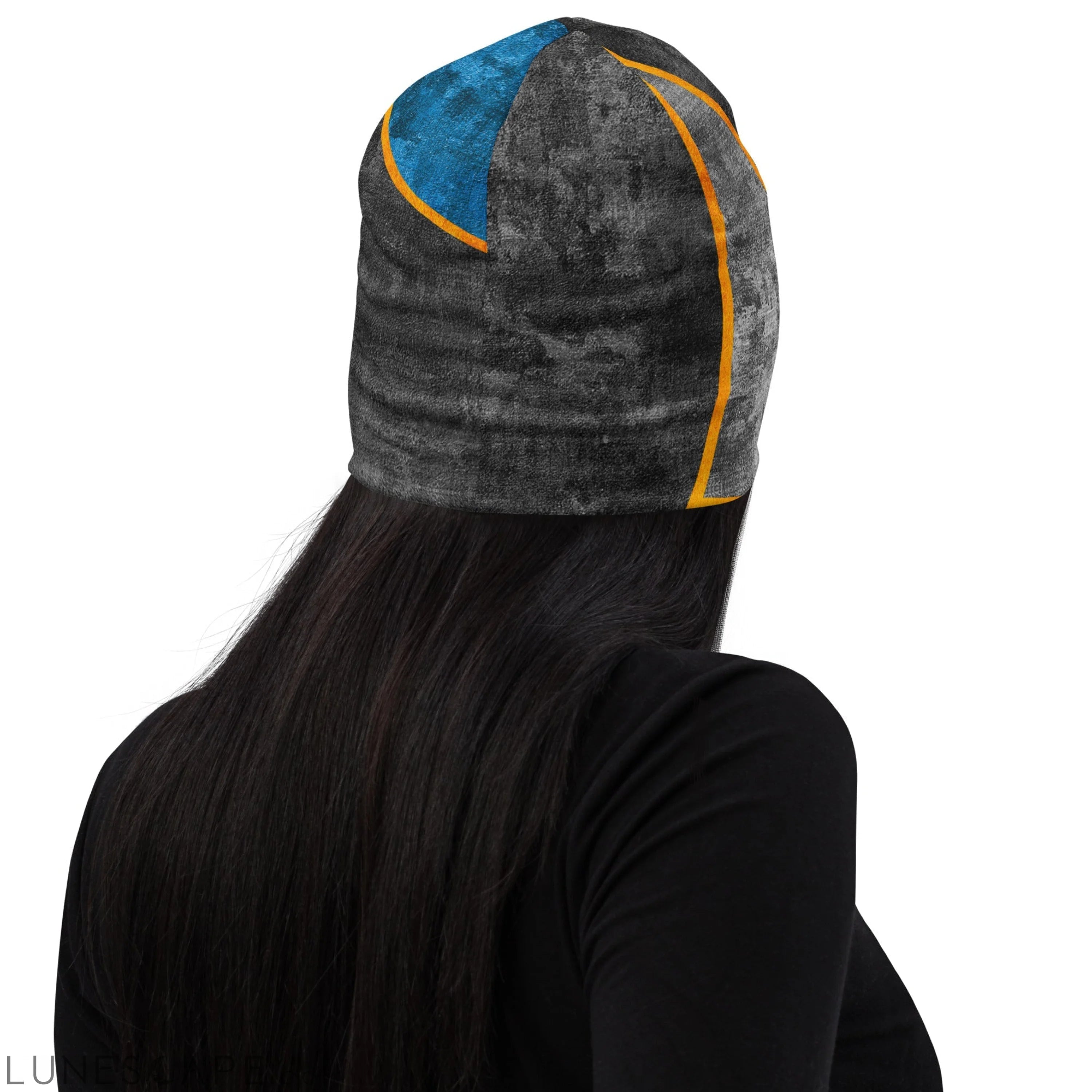 Double-layered Beanie Hat Blue Grey Design 2 LUNESCAPE