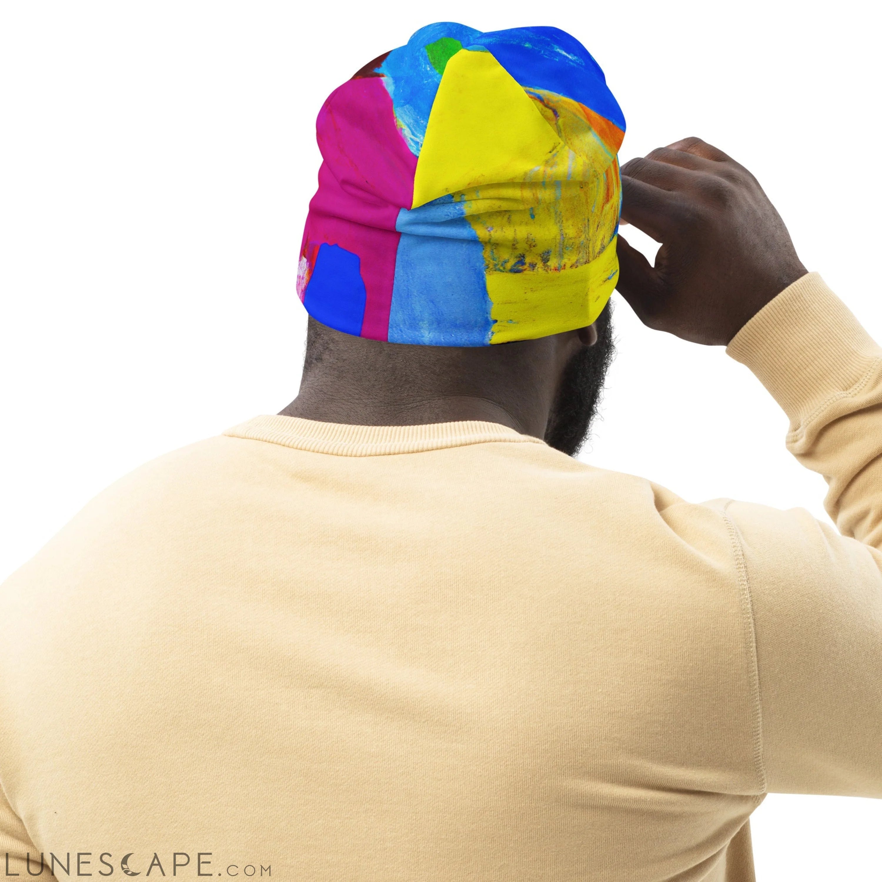 Double-layered Beanie Hat Blue Red Abstract Pattern LUNESCAPE