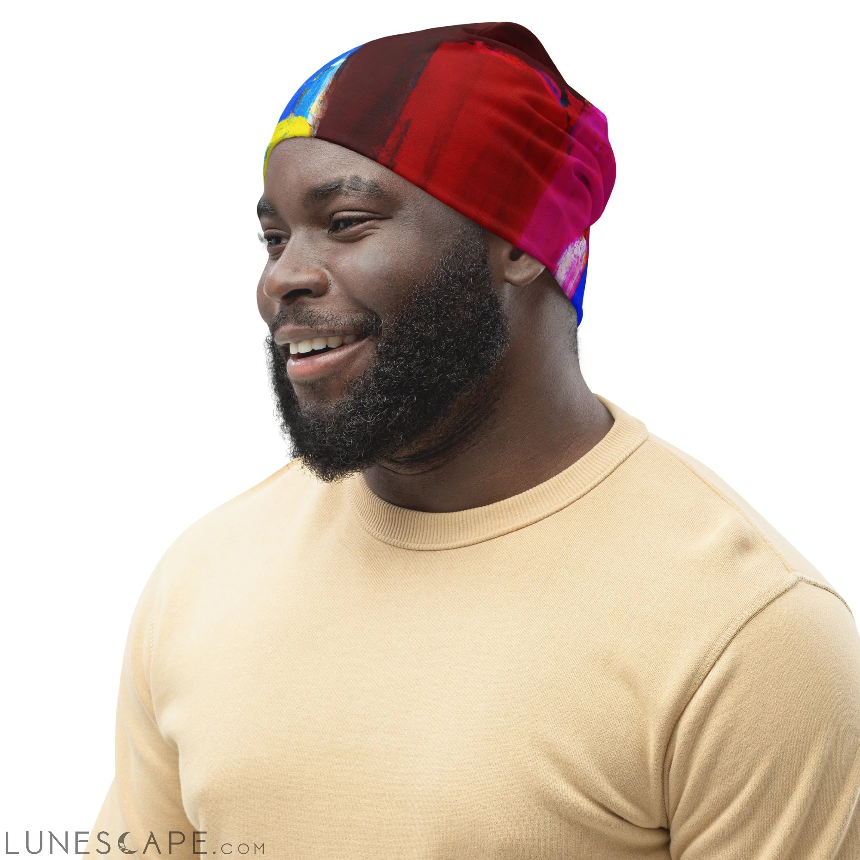 Double-layered Beanie Hat Blue Red Abstract Pattern LUNESCAPE