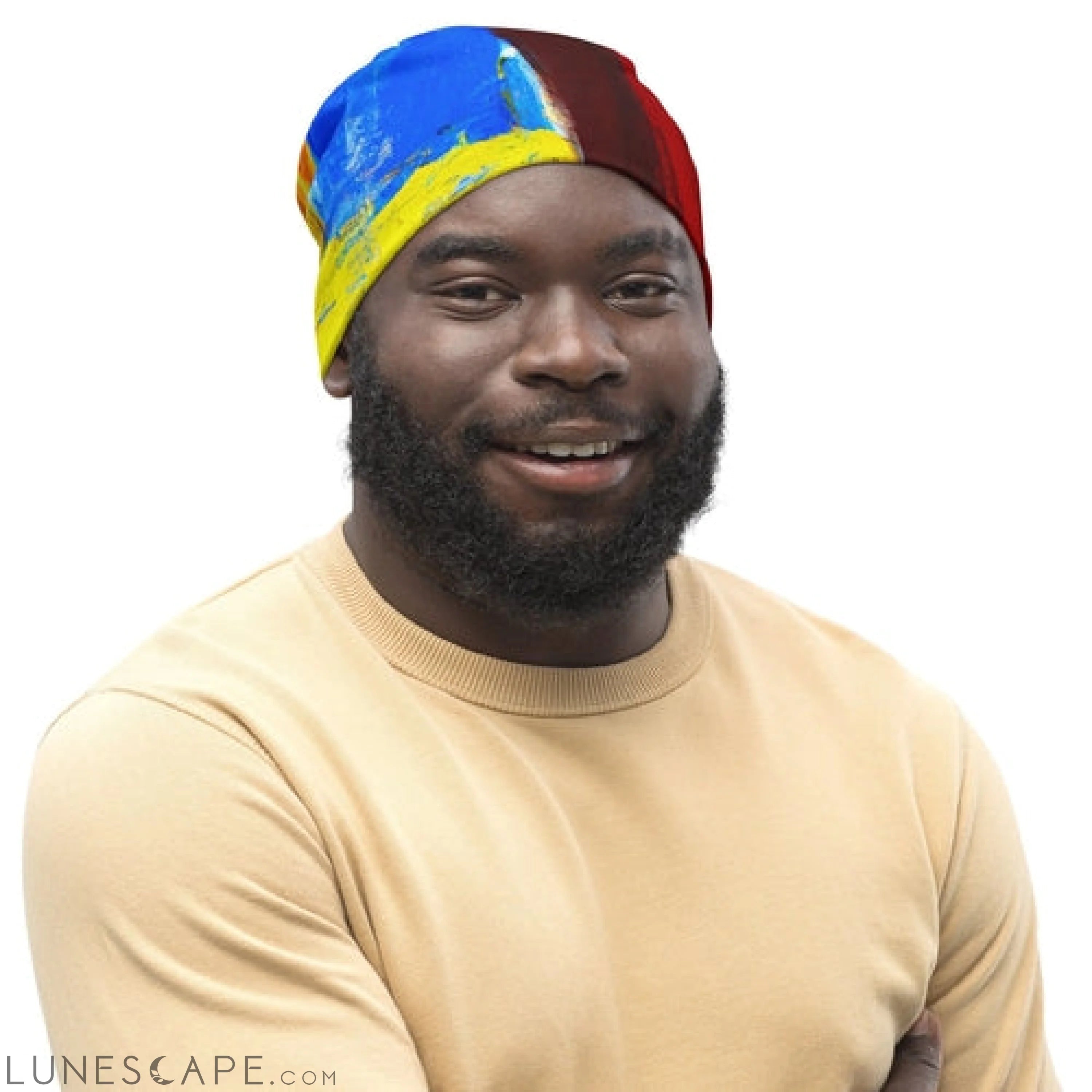 Double-layered Beanie Hat Blue Red Abstract Pattern LUNESCAPE