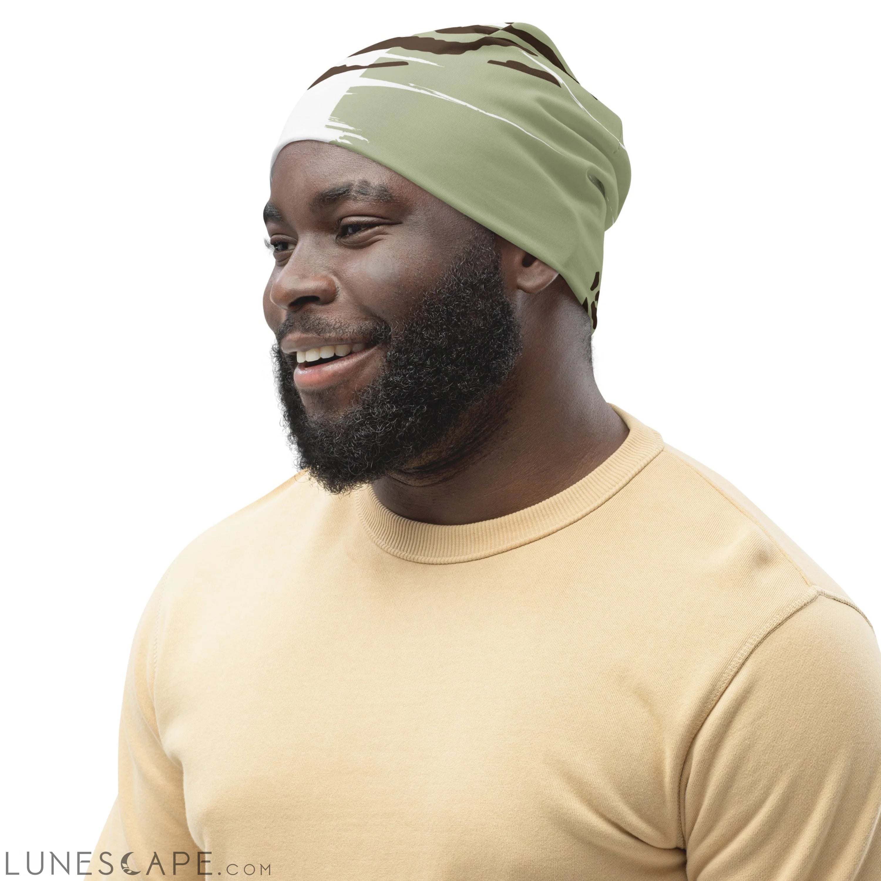 Double-layered Beanie Hat Brown Green Grey Geometric Hexagon Print LUNESCAPE