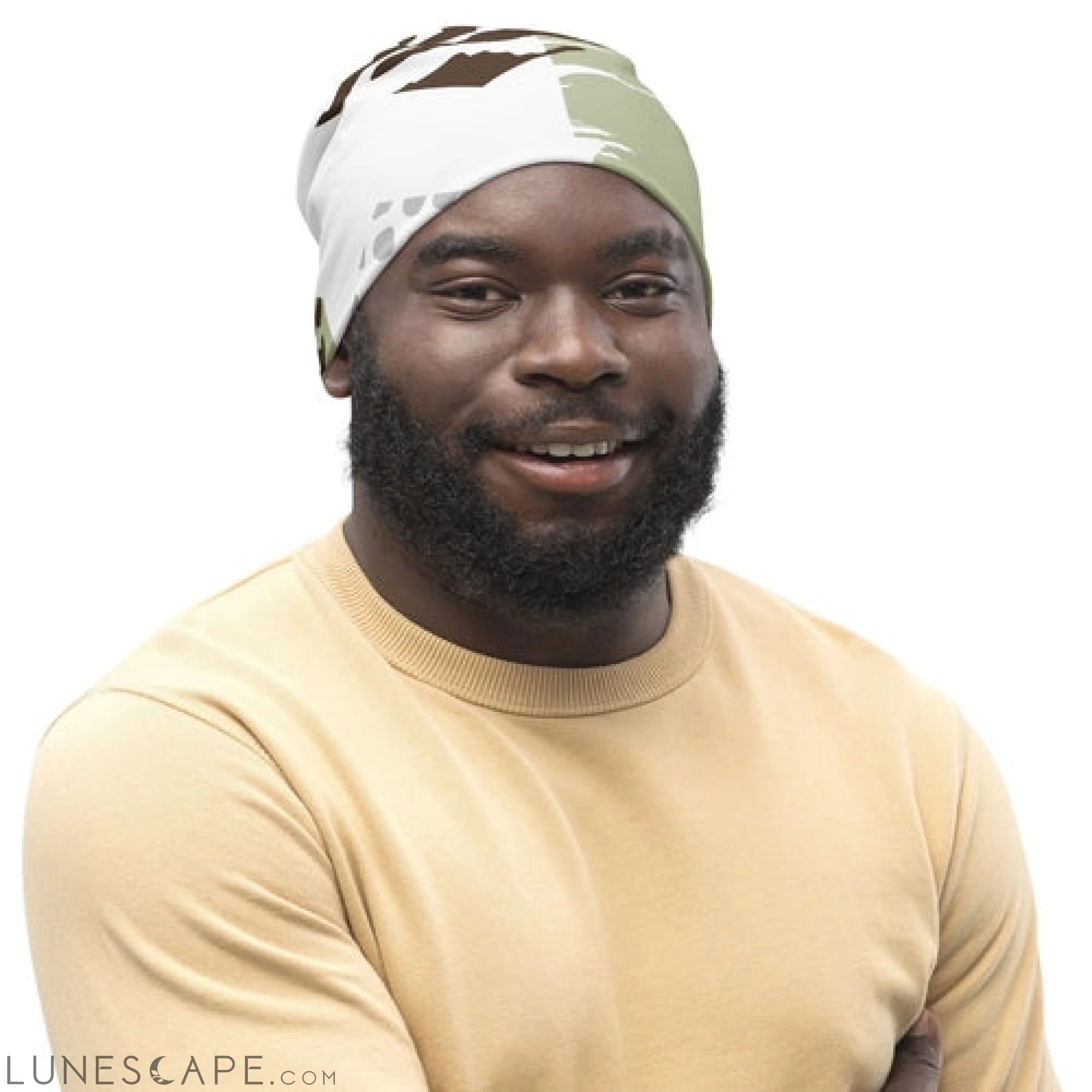Double-layered Beanie Hat Brown Green Grey Geometric Hexagon Print LUNESCAPE