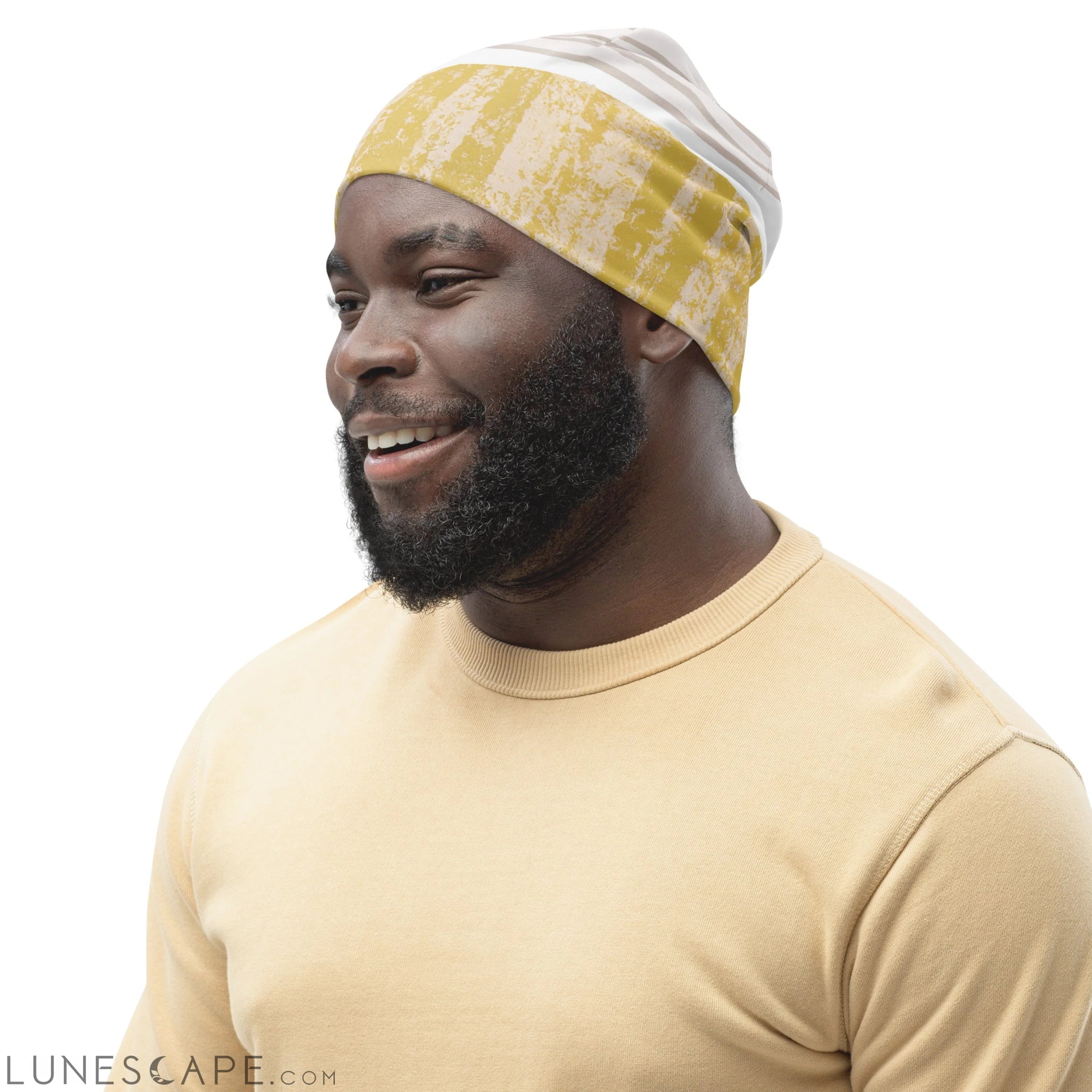 Double-layered Beanie Hat Green Textured Boho Pattern LUNESCAPE