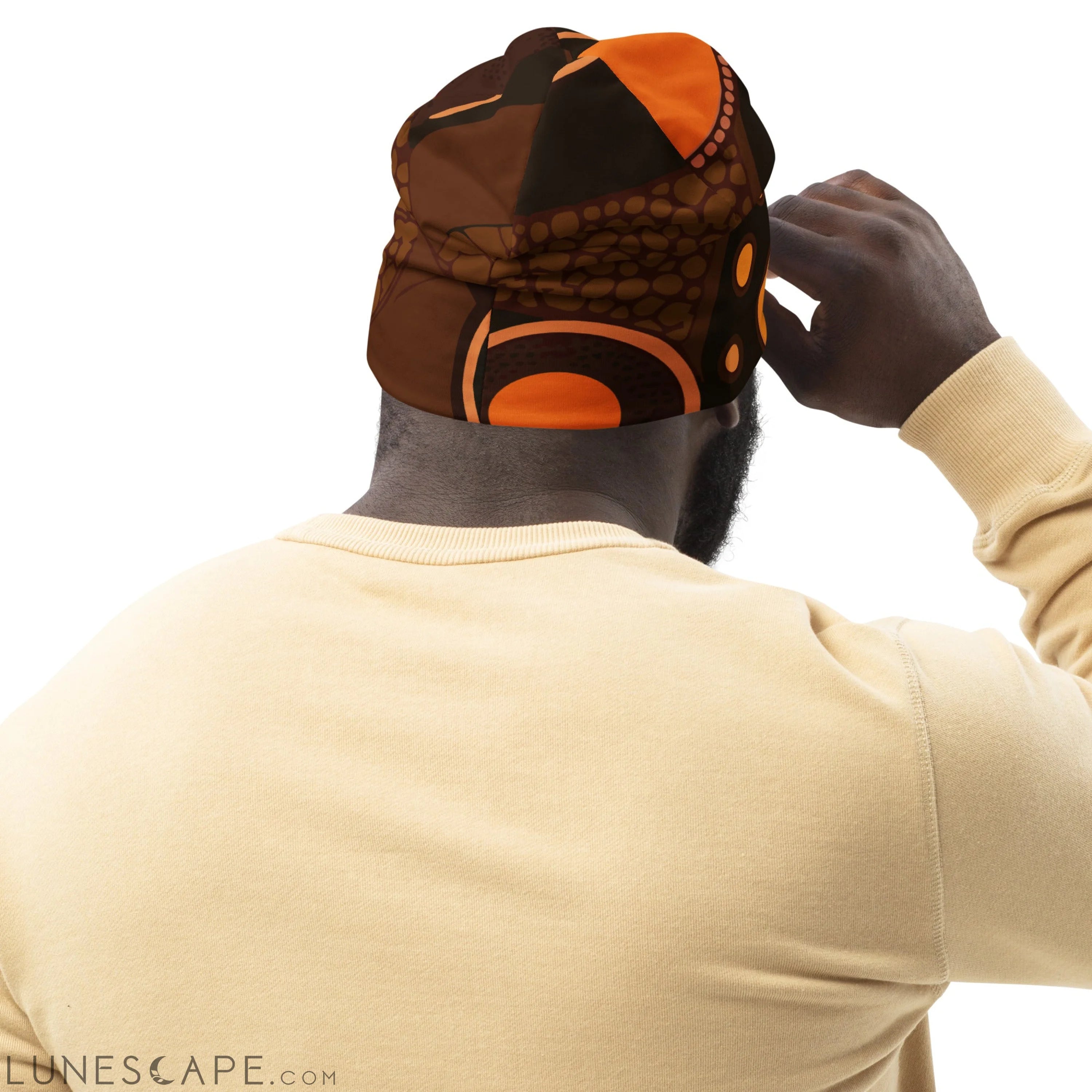 Double-layered Beanie Hat Orange Brown Spotted Print LUNESCAPE