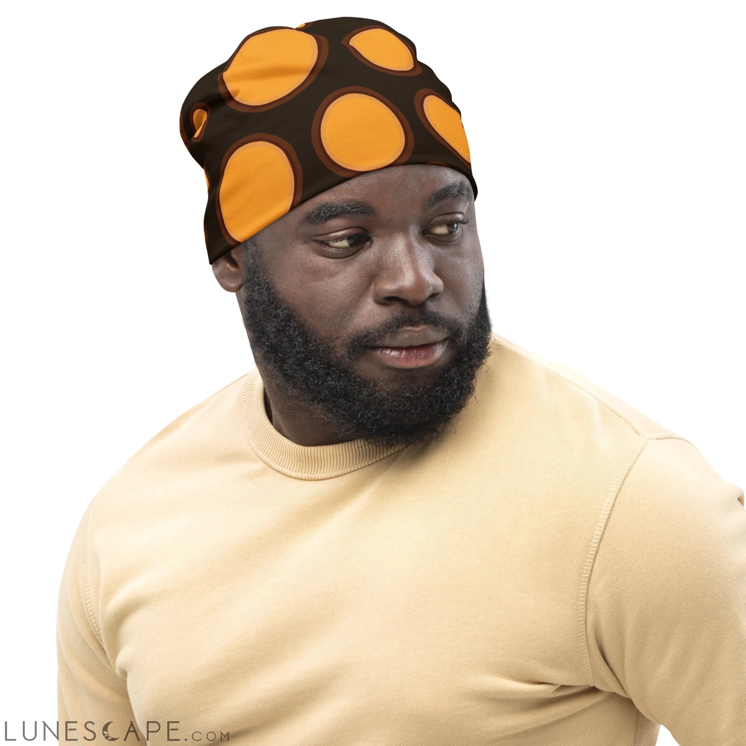 Double-layered Beanie Hat Orange Brown Spotted Print LUNESCAPE