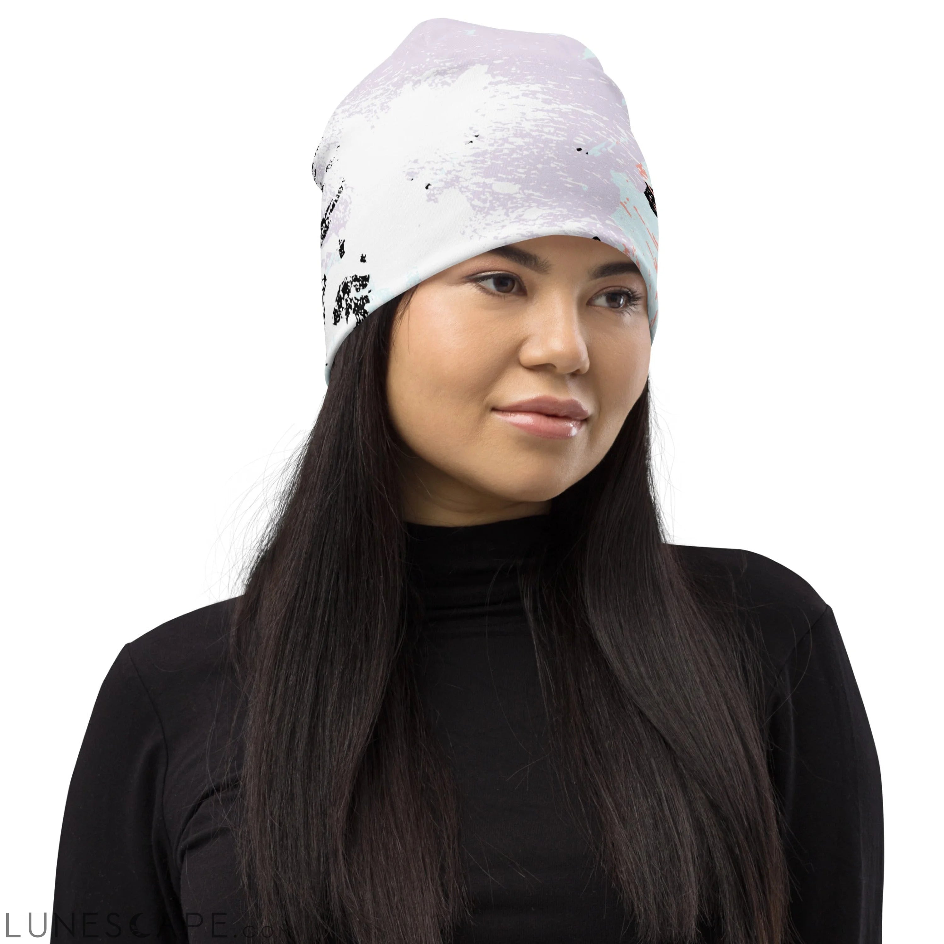 Double-layered Beanie Hat Pink Black Abstract Print 2 LUNESCAPE