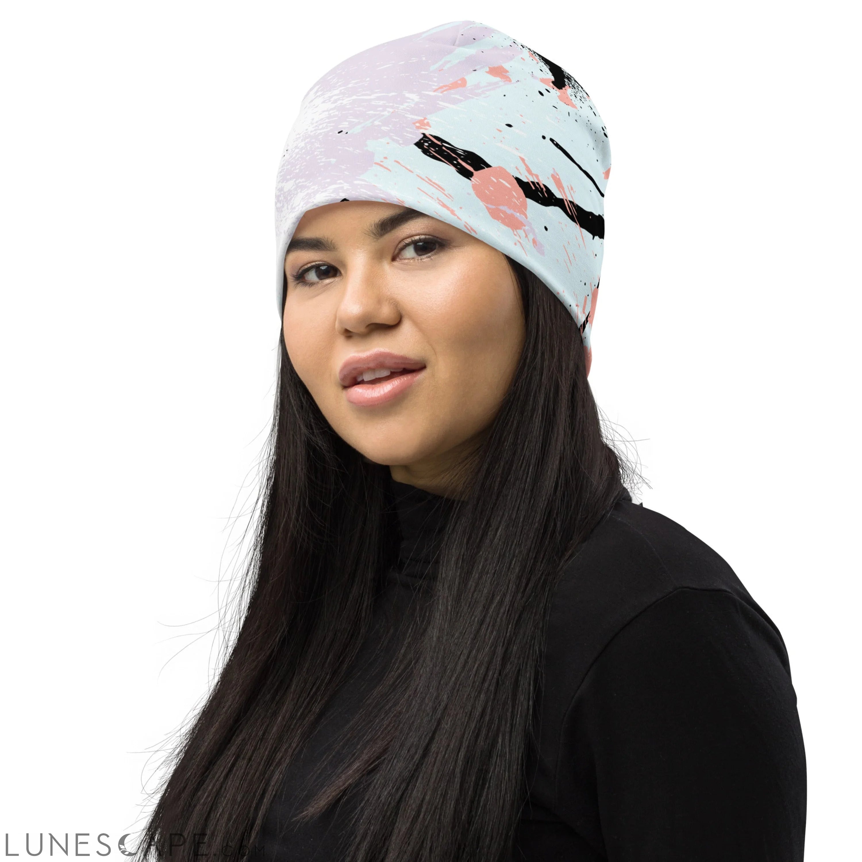 Double-layered Beanie Hat Pink Black Abstract Print 2 LUNESCAPE