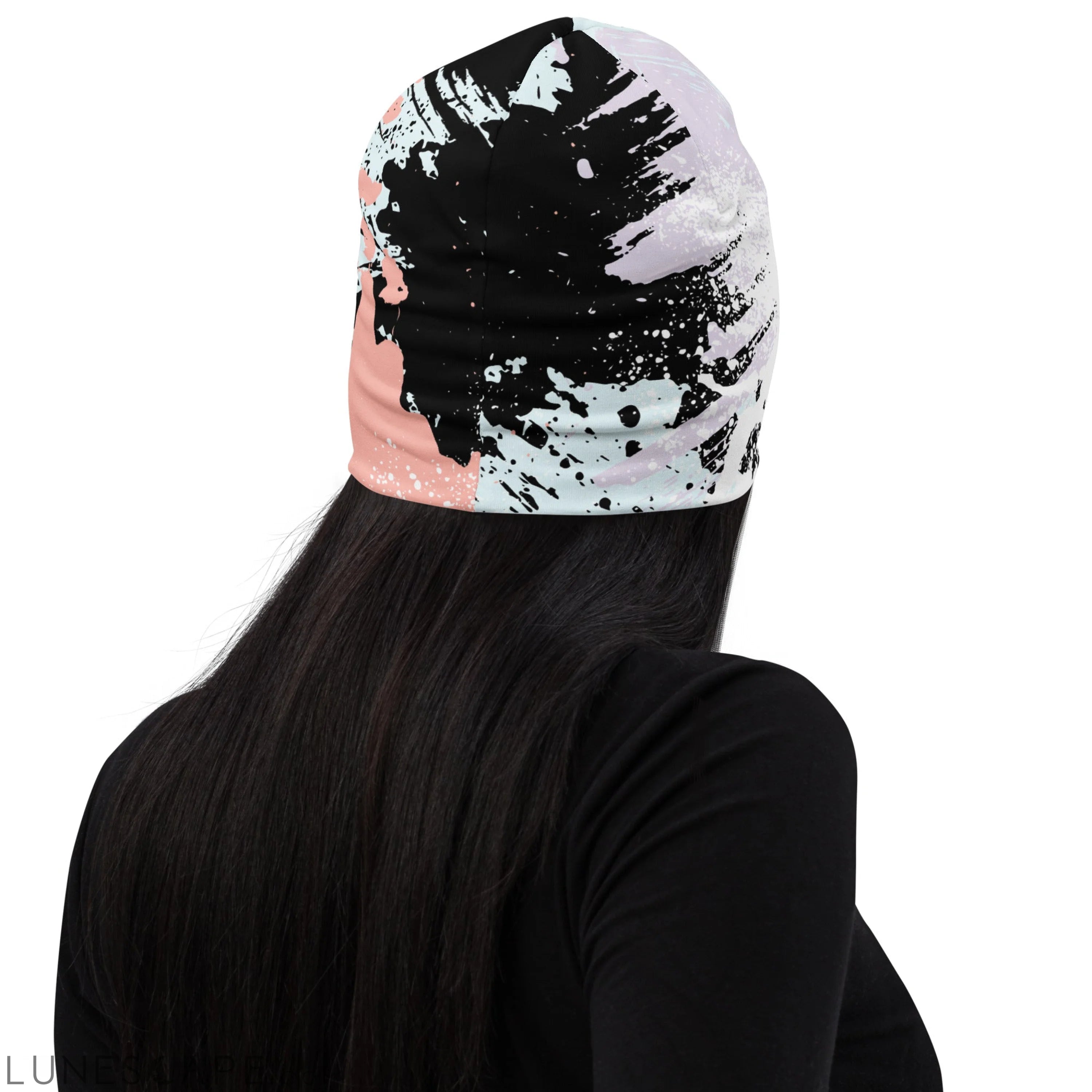 Double-layered Beanie Hat Pink Black Abstract Print 2 LUNESCAPE