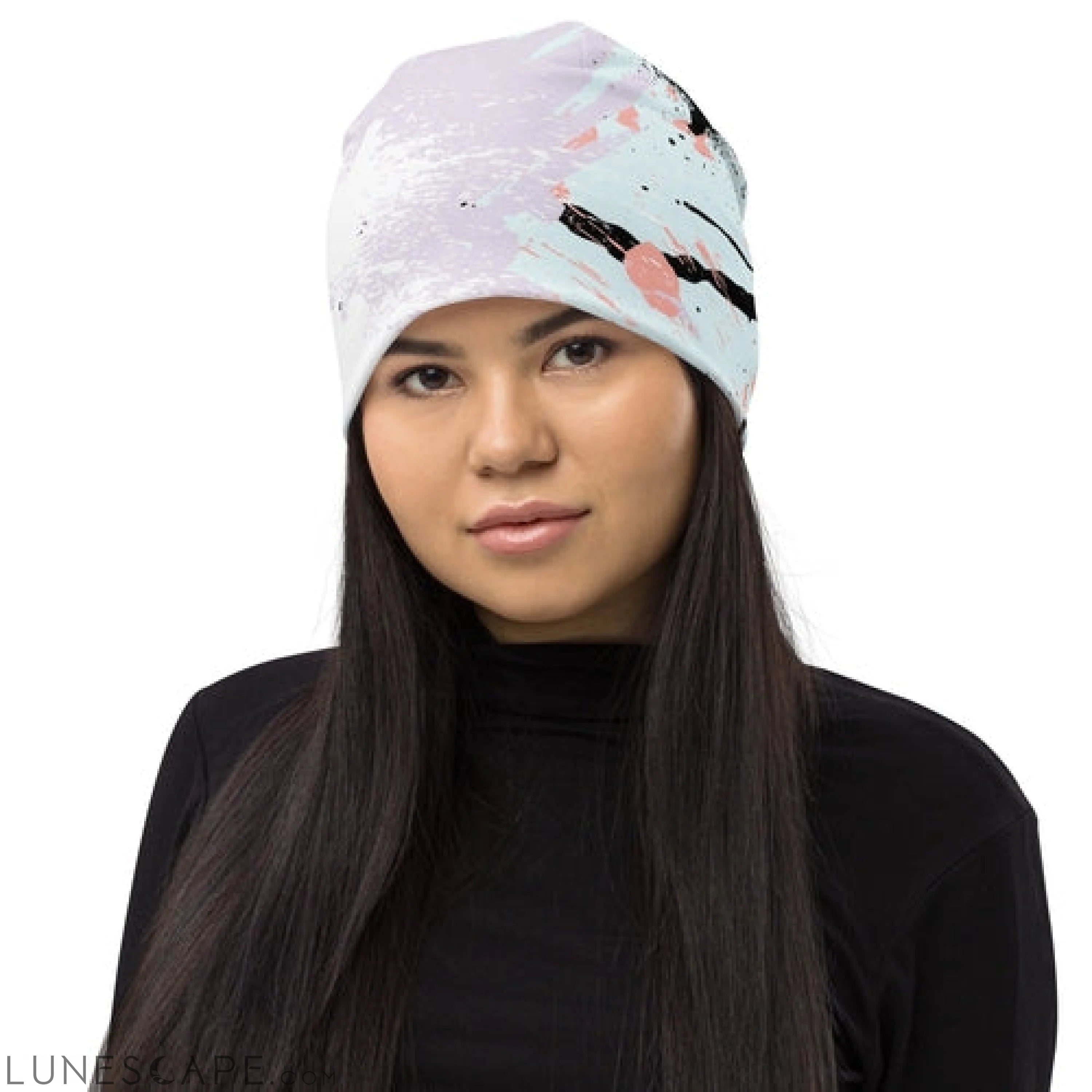 Double-layered Beanie Hat Pink Black Abstract Print 2 LUNESCAPE