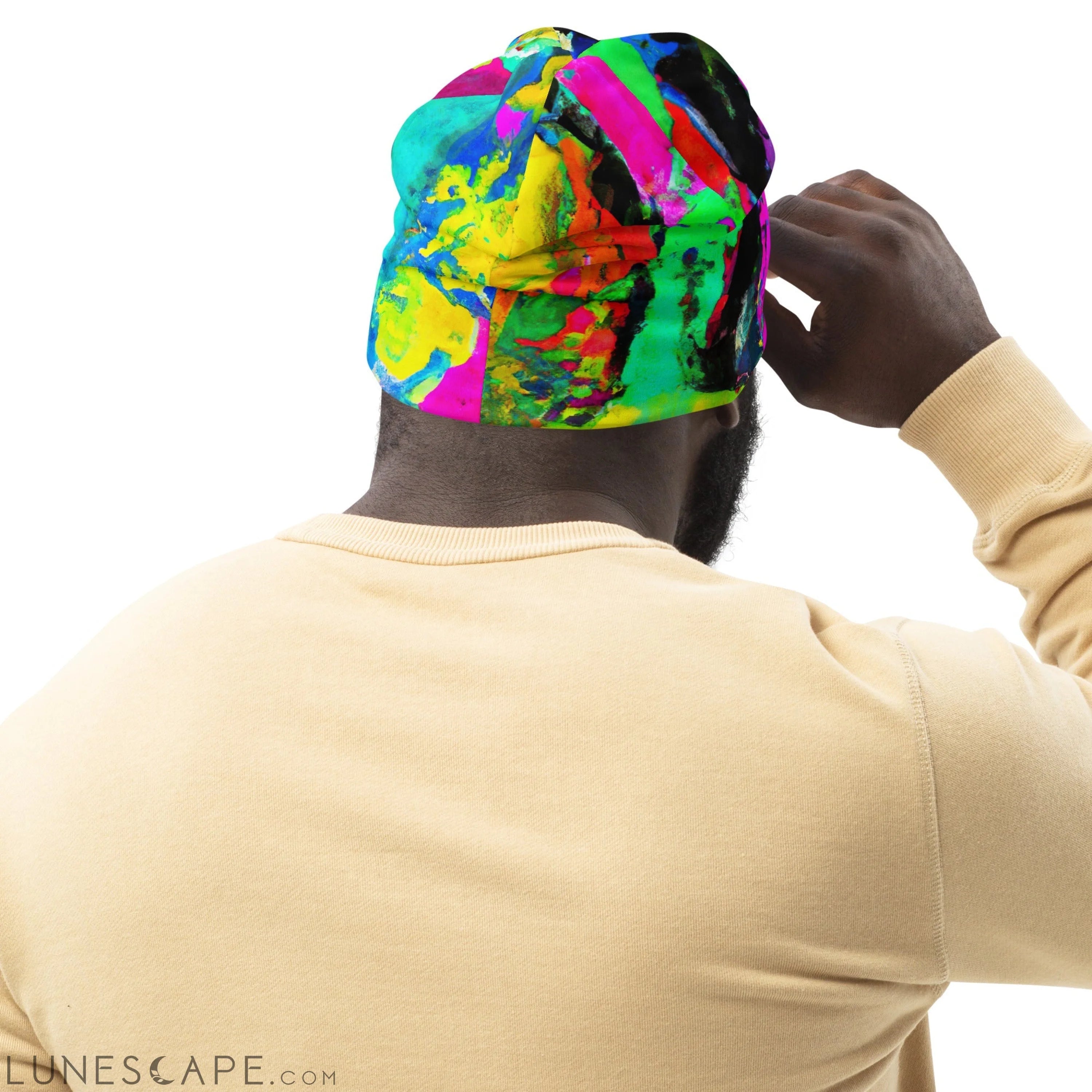 Double-layered Beanie Hat Red Multicolor Abstract Print LUNESCAPE
