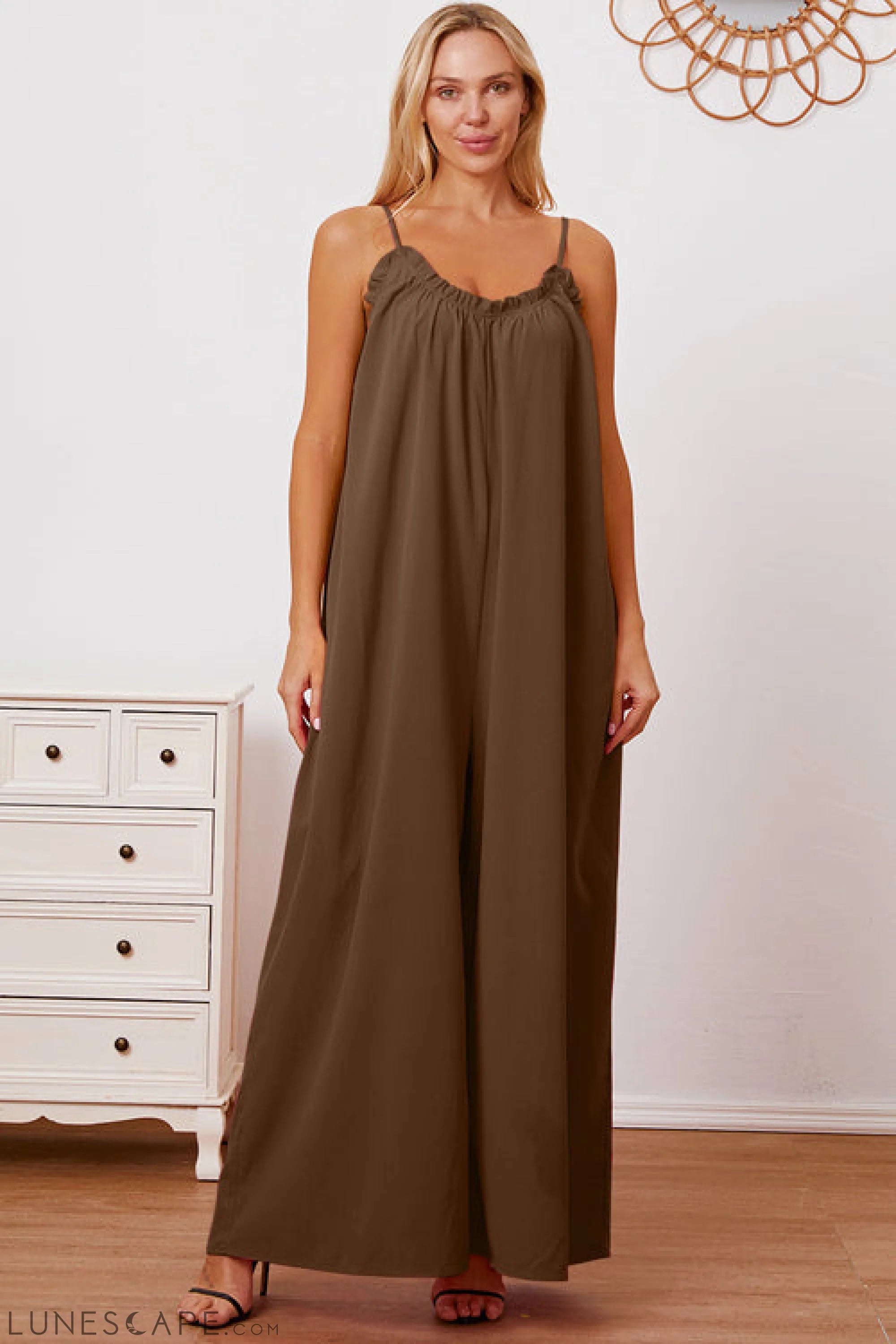 Double Take Full Size Ruffle Trim Tie Back Cami Jumpsuit with Pockets LUNESCAPE