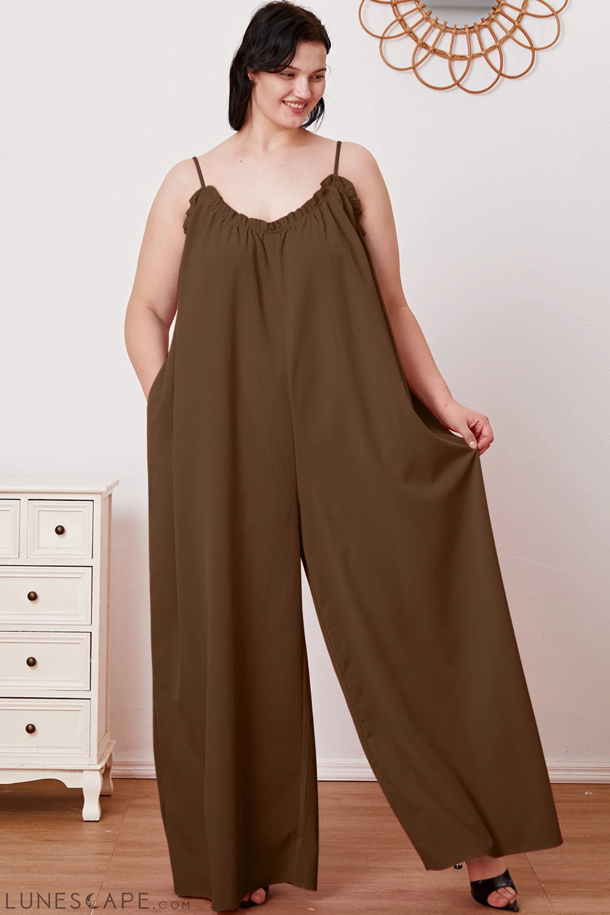 Double Take Full Size Ruffle Trim Tie Back Cami Jumpsuit with Pockets LUNESCAPE