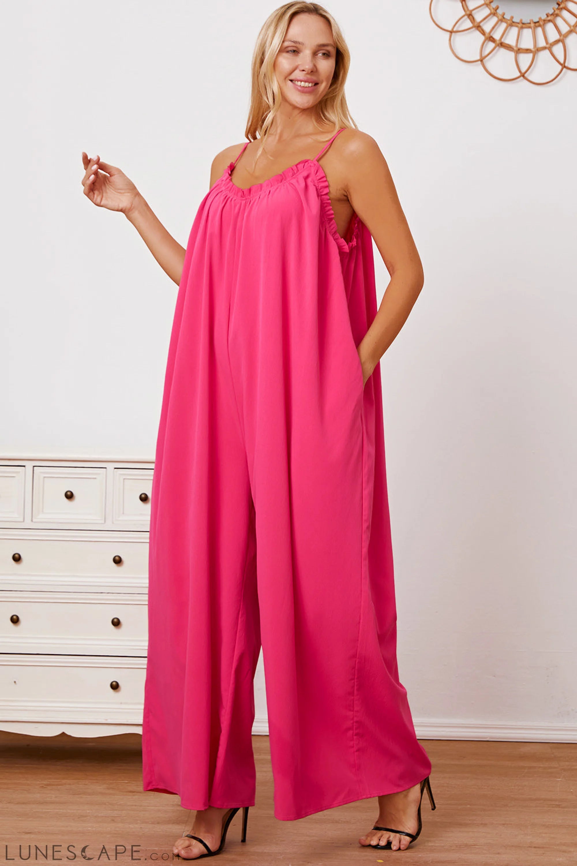 Double Take Full Size Ruffle Trim Tie Back Cami Jumpsuit with Pockets LUNESCAPE