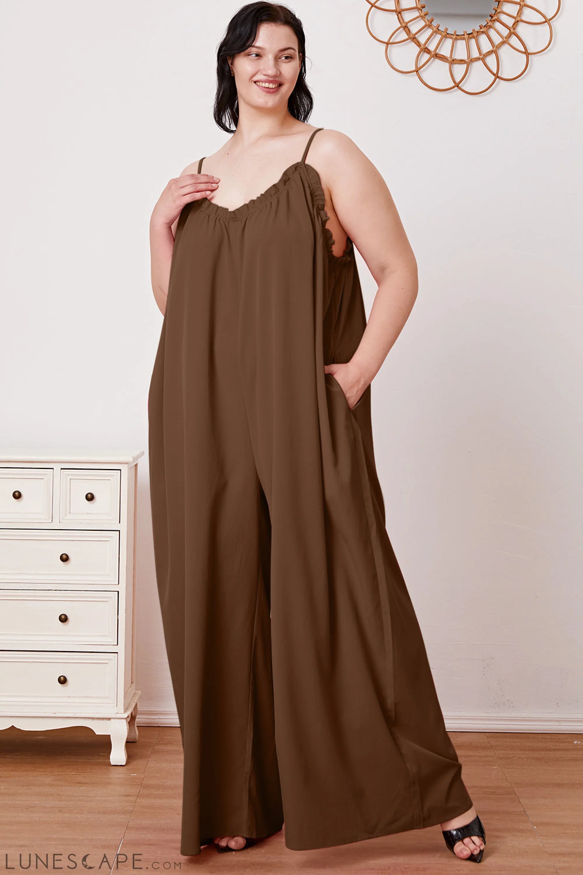 Double Take Full Size Ruffle Trim Tie Back Cami Jumpsuit with Pockets LUNESCAPE