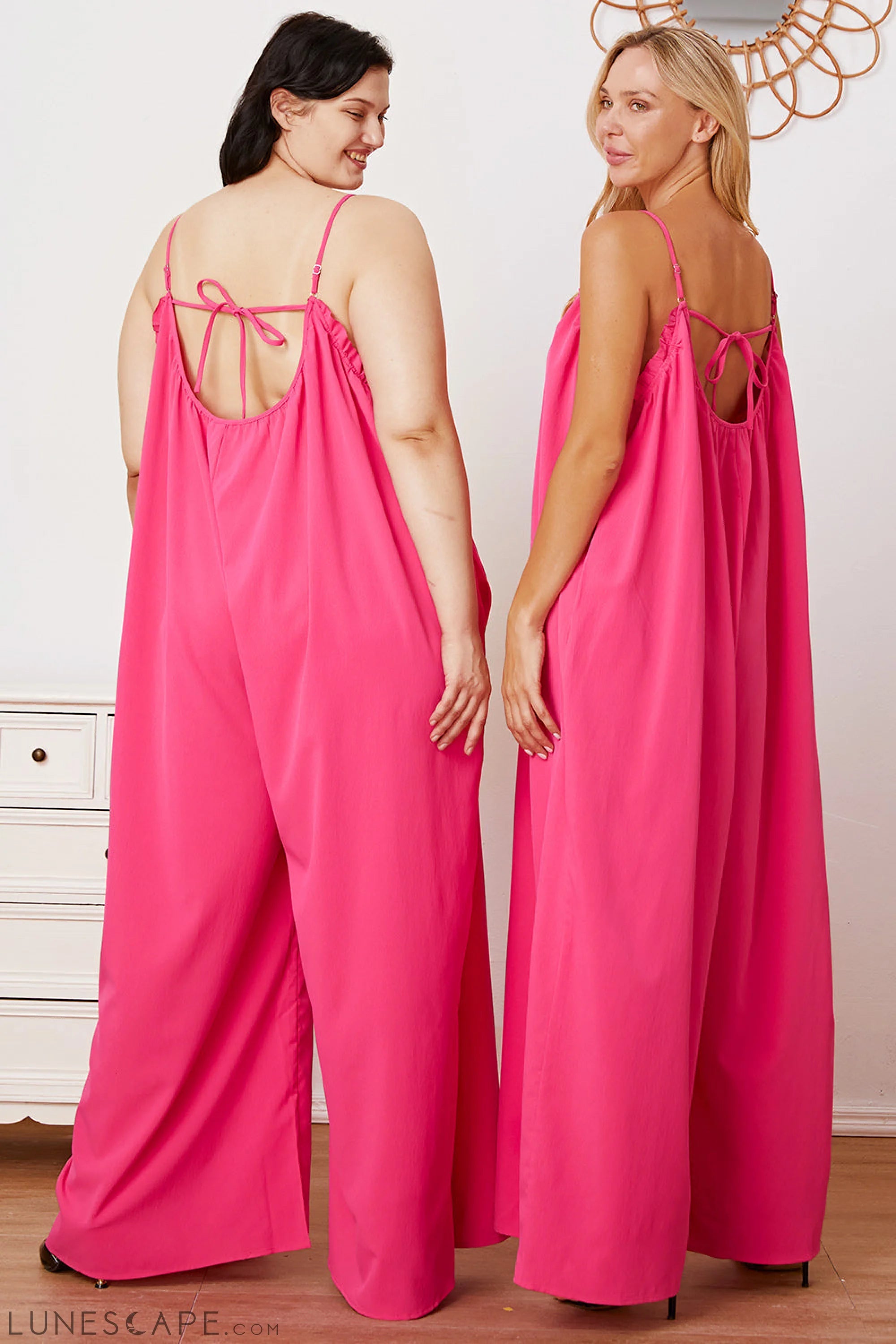 Double Take Full Size Ruffle Trim Tie Back Cami Jumpsuit with Pockets LUNESCAPE
