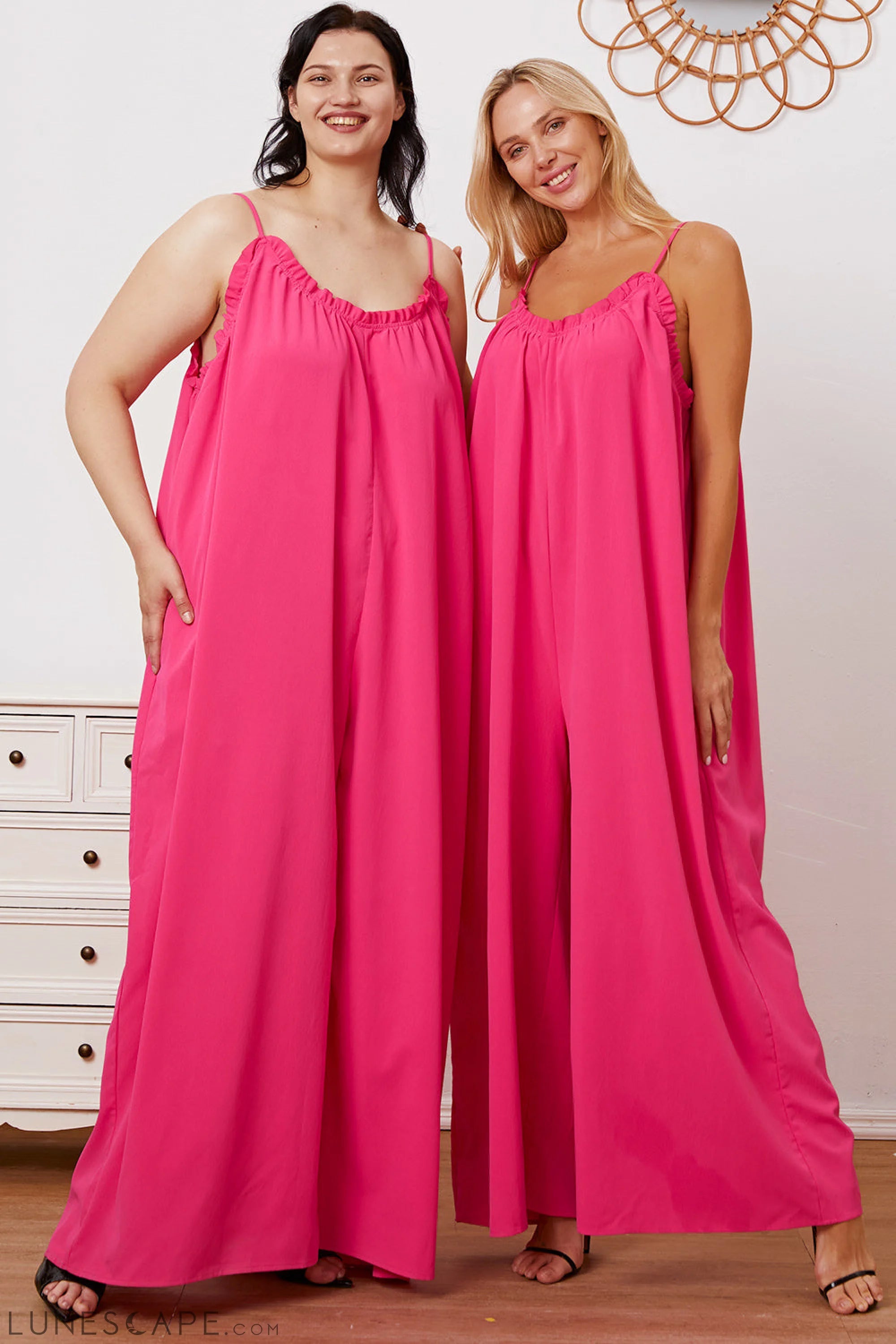 Double Take Full Size Ruffle Trim Tie Back Cami Jumpsuit with Pockets LUNESCAPE
