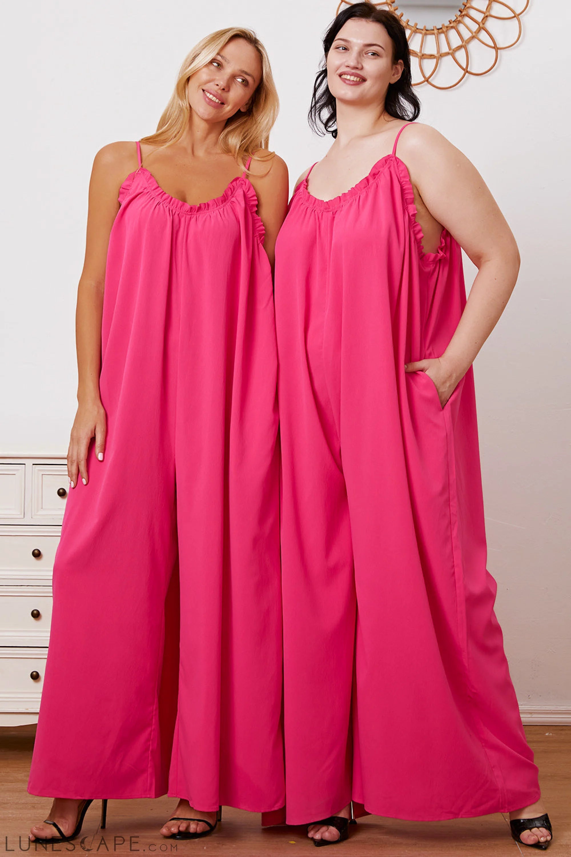 Double Take Full Size Ruffle Trim Tie Back Cami Jumpsuit with Pockets LUNESCAPE