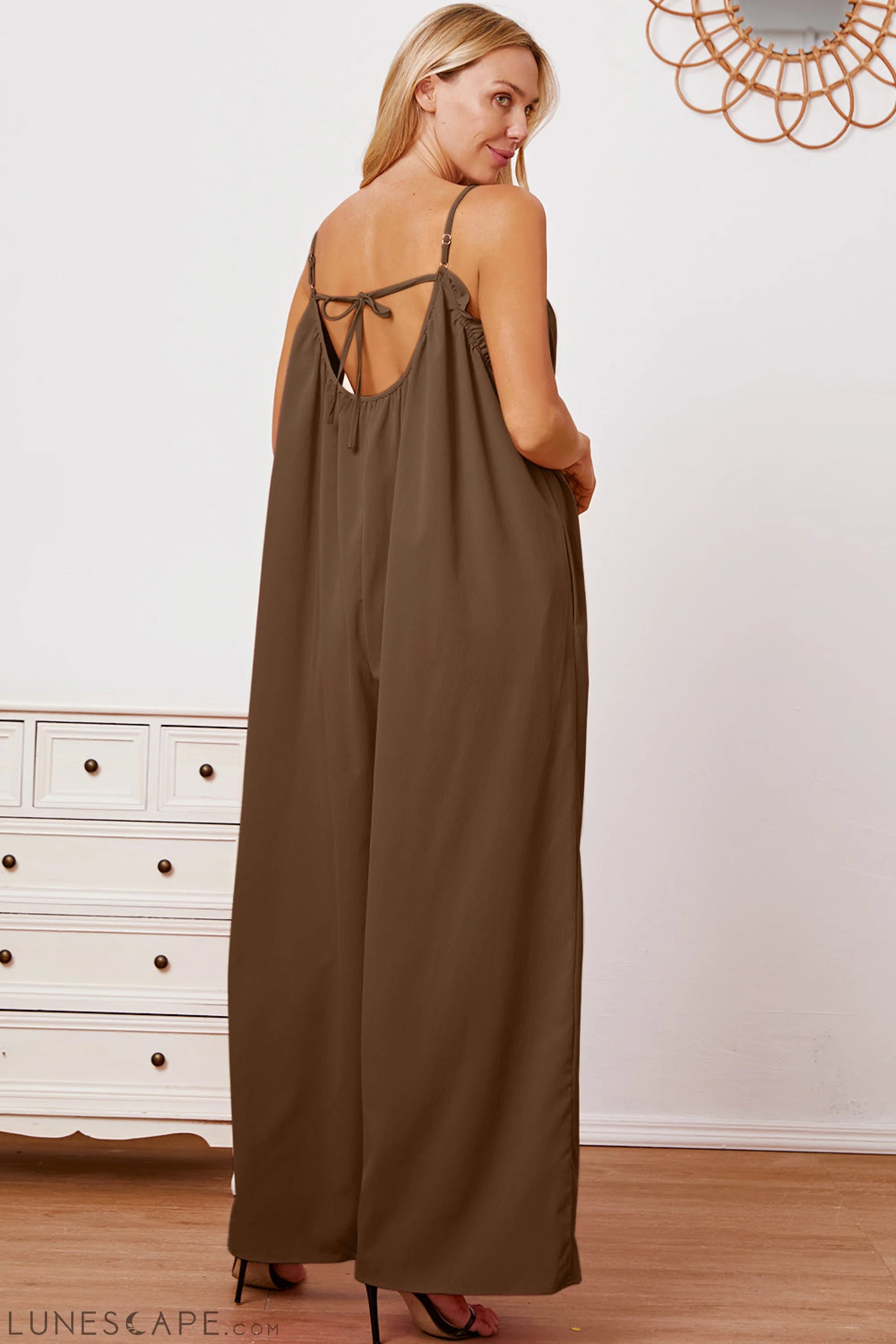Double Take Full Size Ruffle Trim Tie Back Cami Jumpsuit with Pockets LUNESCAPE
