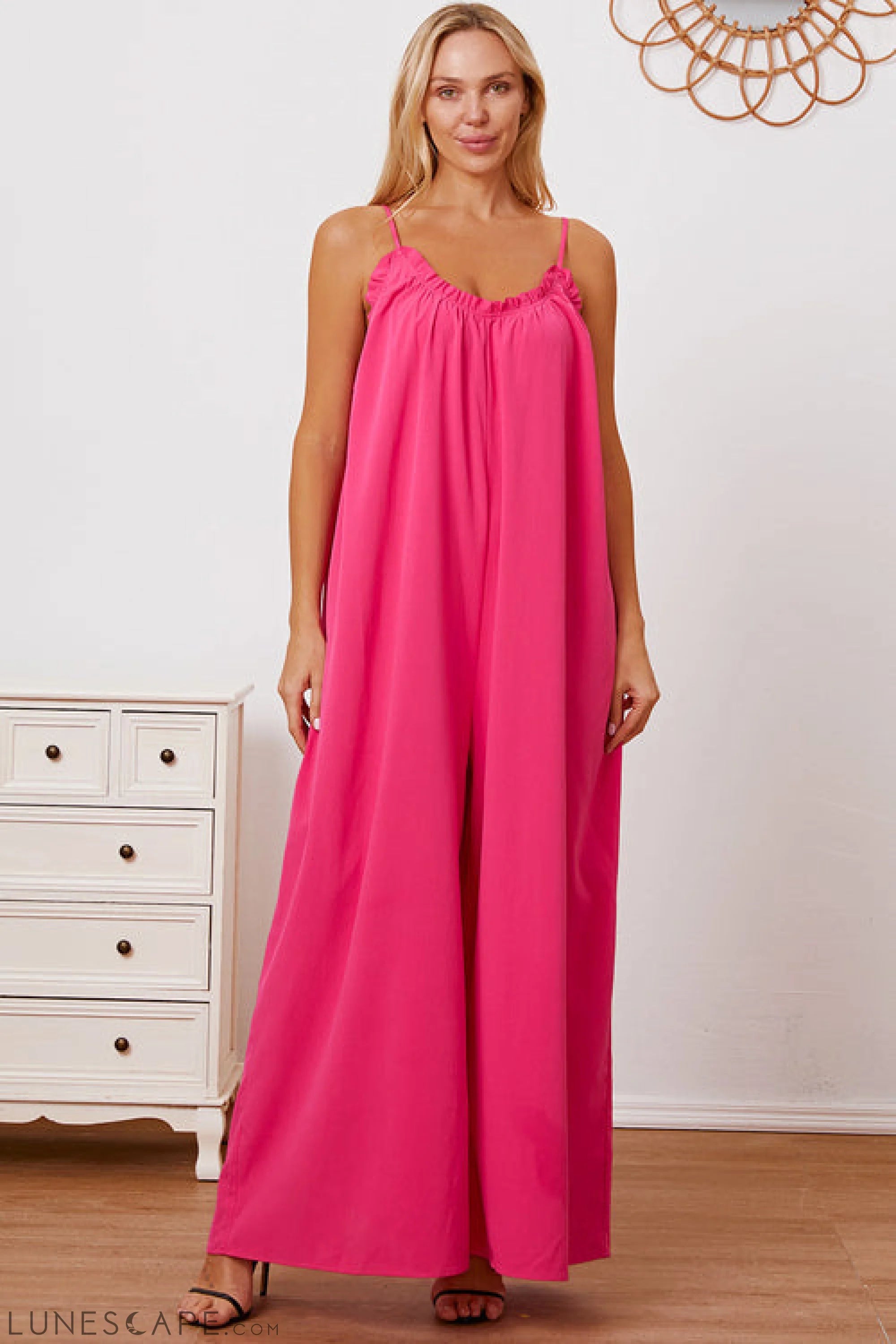 Double Take Full Size Ruffle Trim Tie Back Cami Jumpsuit with Pockets LUNESCAPE