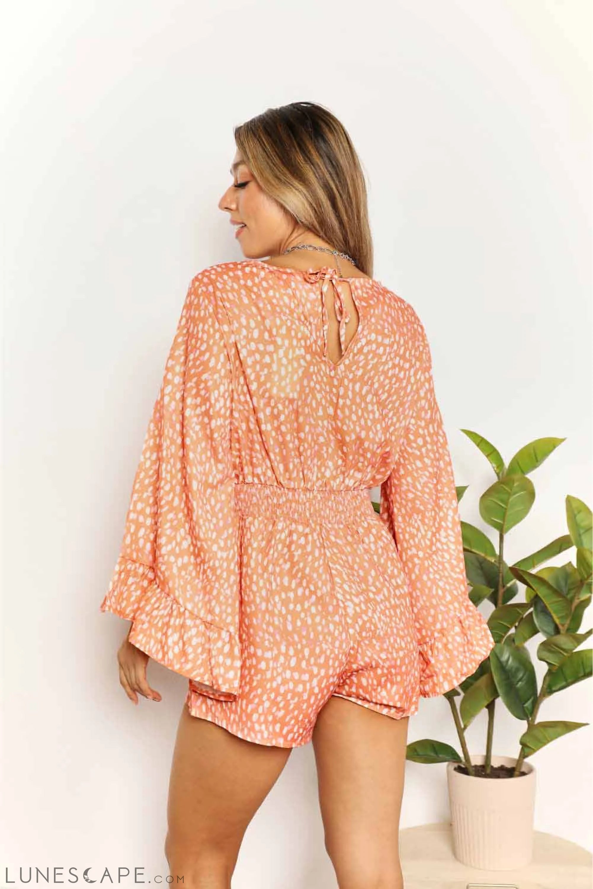 Double Take Printed Flare Sleeve Surplice Romper LUNESCAPE