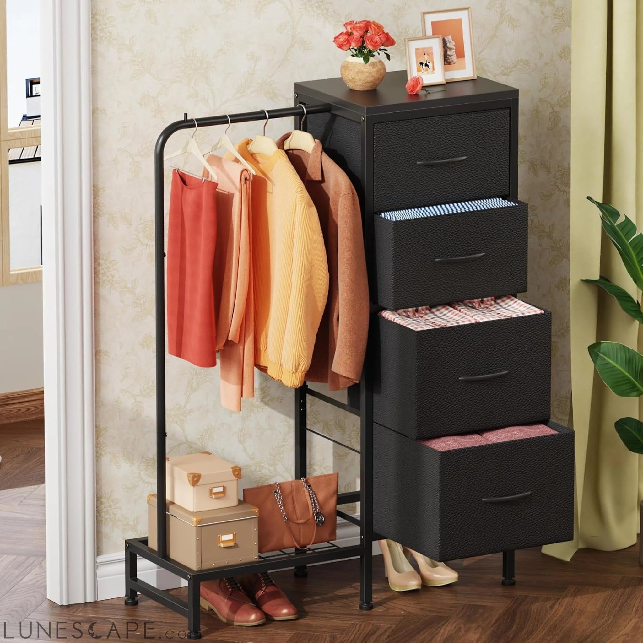 Dresser with Hanging Rack, 4 Drawers Small Dresser for Bedroom, -