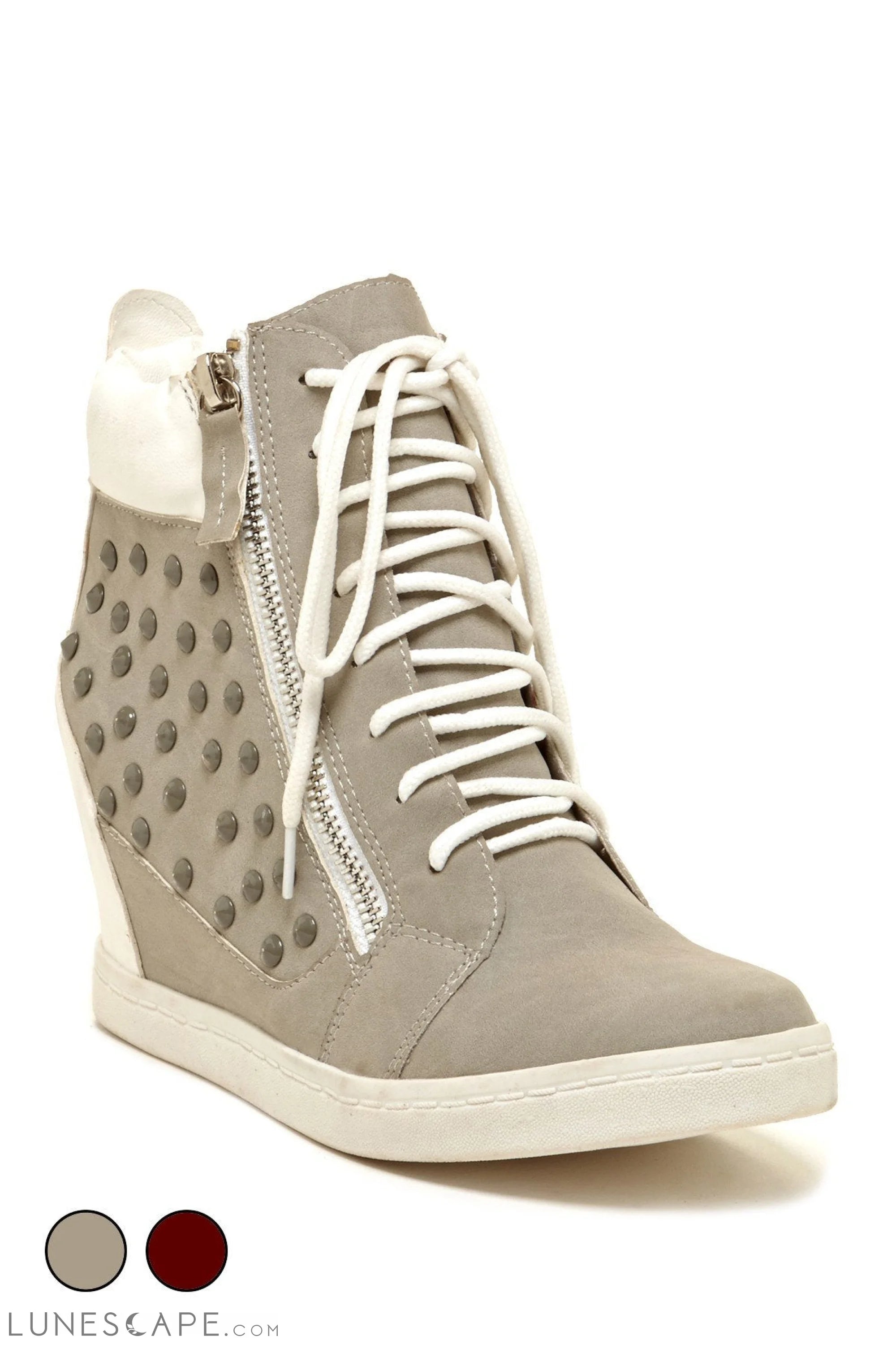 DUPREE High-Top Wedge Heel Studded Sneaker with Lace-Up and Zip Closure Eco-Suede LUNESCAPE