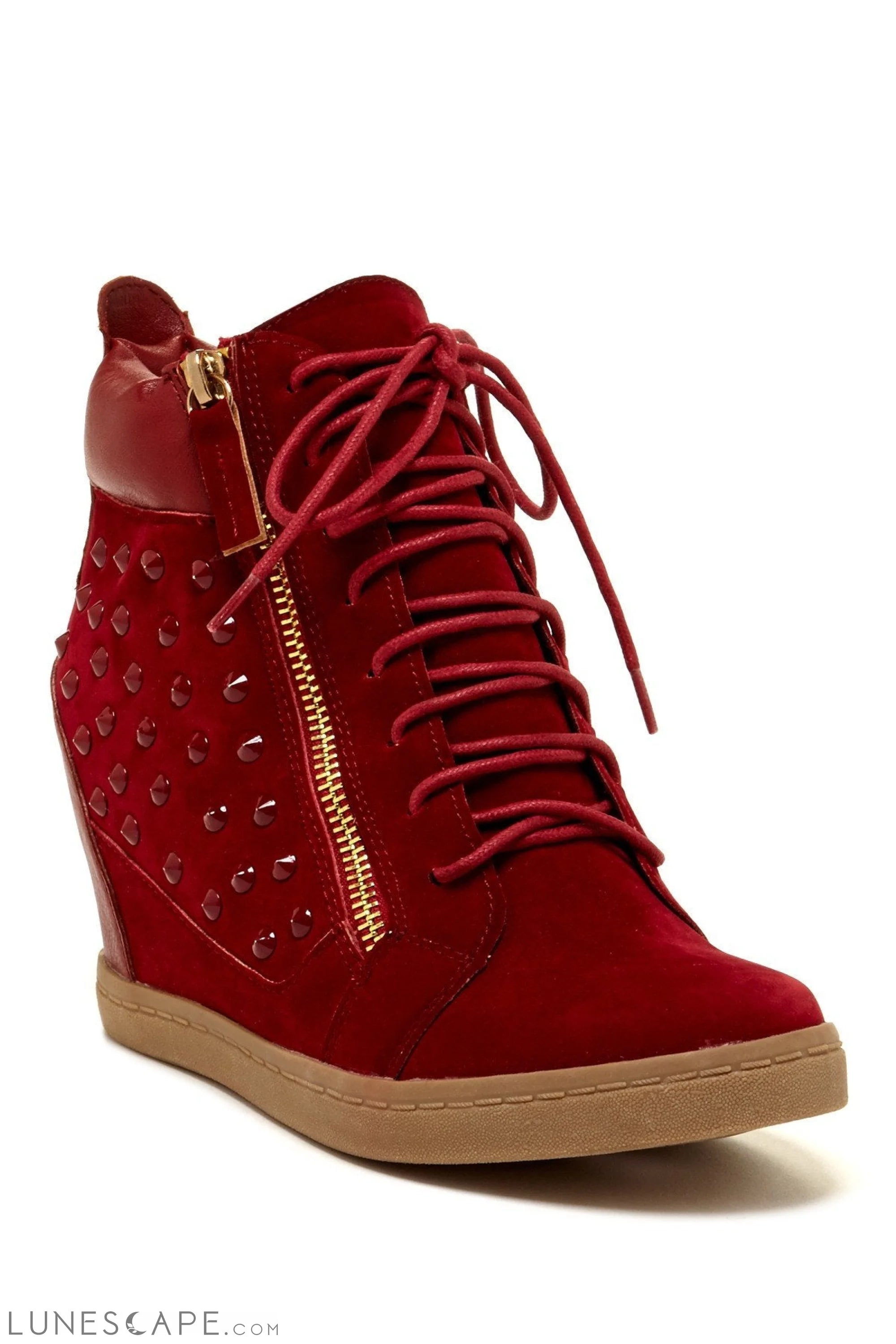 DUPREE High-Top Wedge Heel Studded Sneaker with Lace-Up and Zip Closure Eco-Suede LUNESCAPE