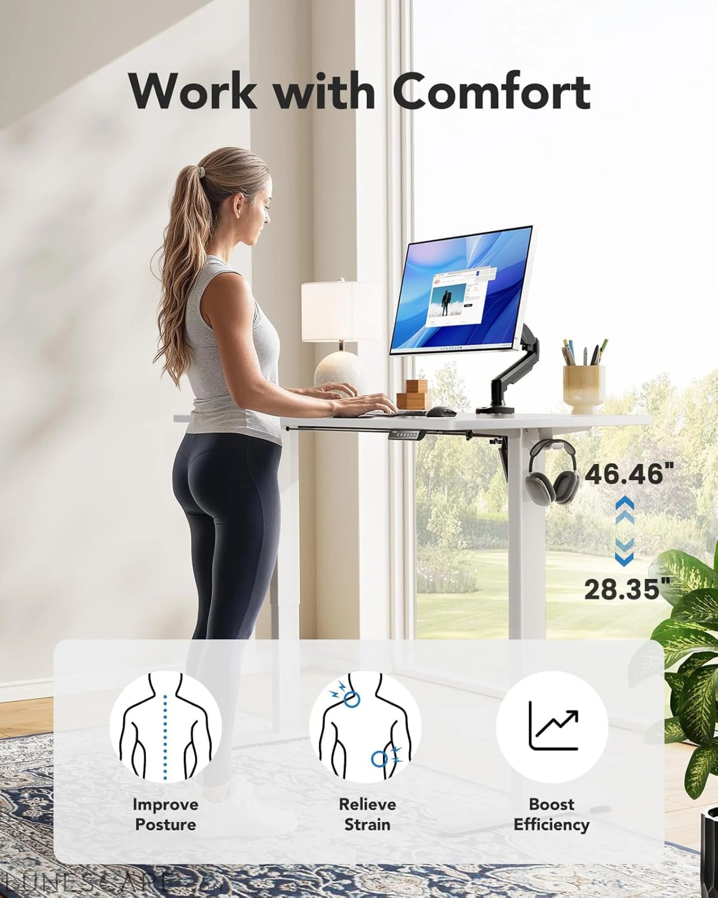 Electric Standing Desk, 48" X 24" Whole Piece Desktop, Adjustable LUNESCAPE
