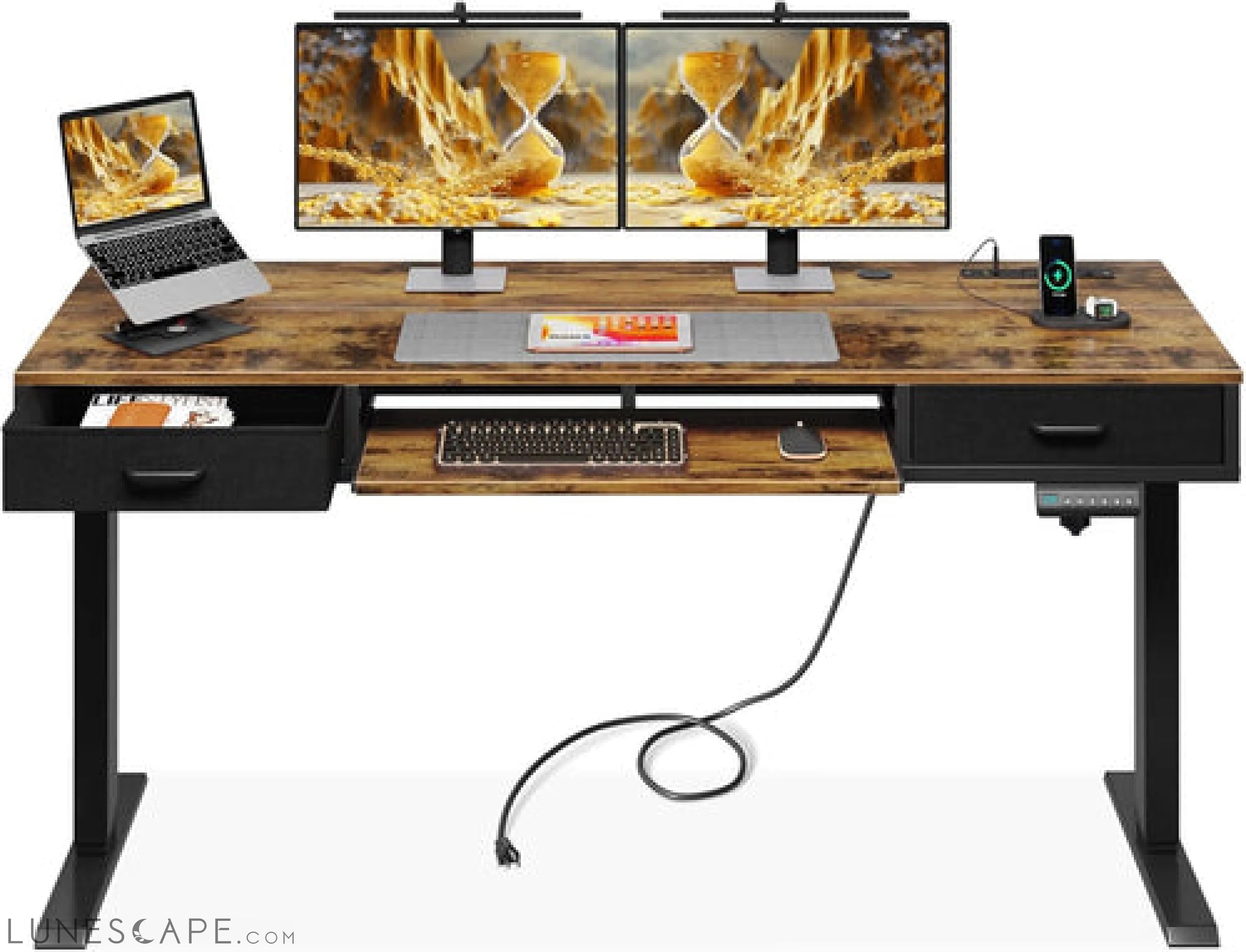 Electric Standing Desk with Drawers & Keyboard Tray, 55 Inch Height LUNESCAPE
