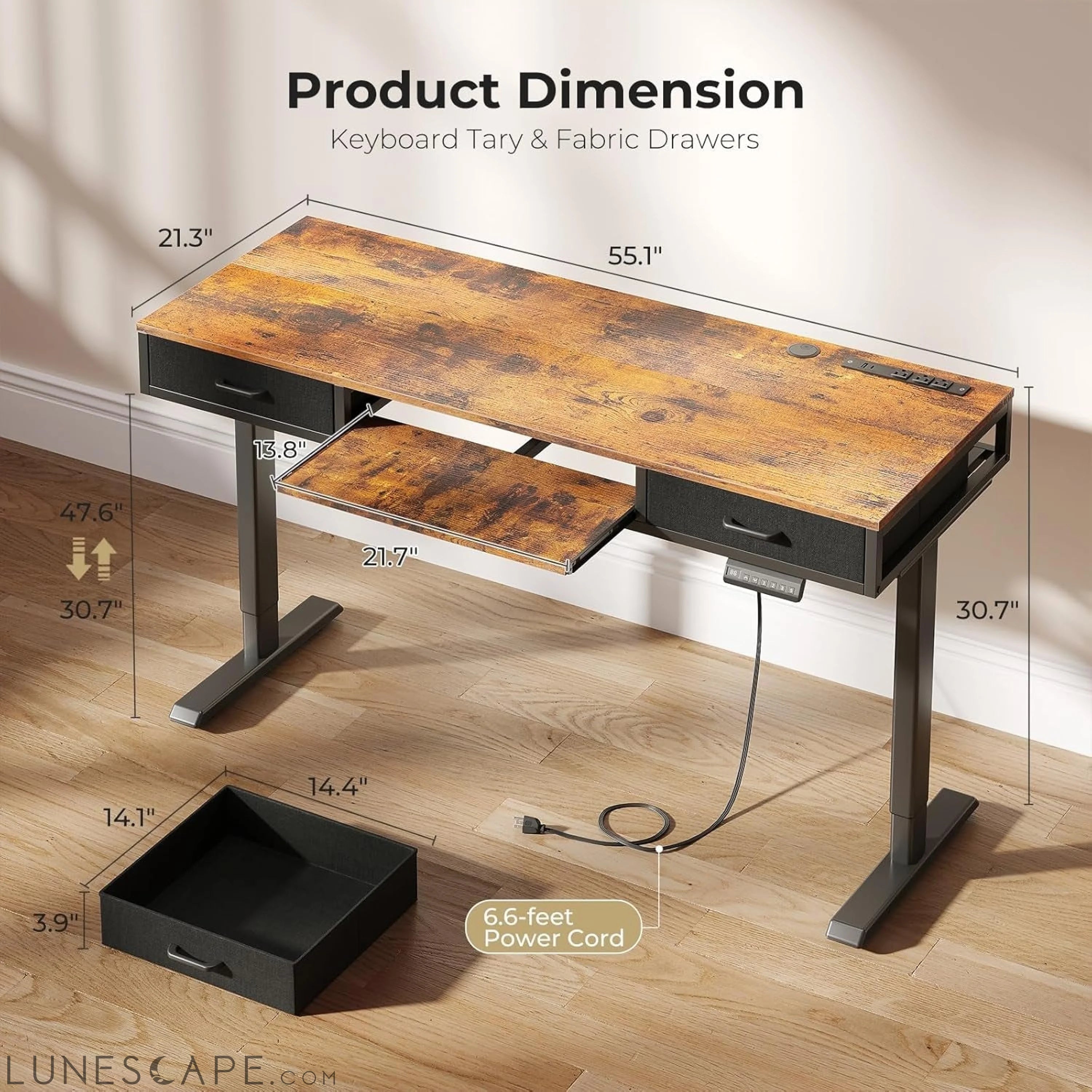 Electric Standing Desk with Drawers & Keyboard Tray, 55 Inch Height LUNESCAPE