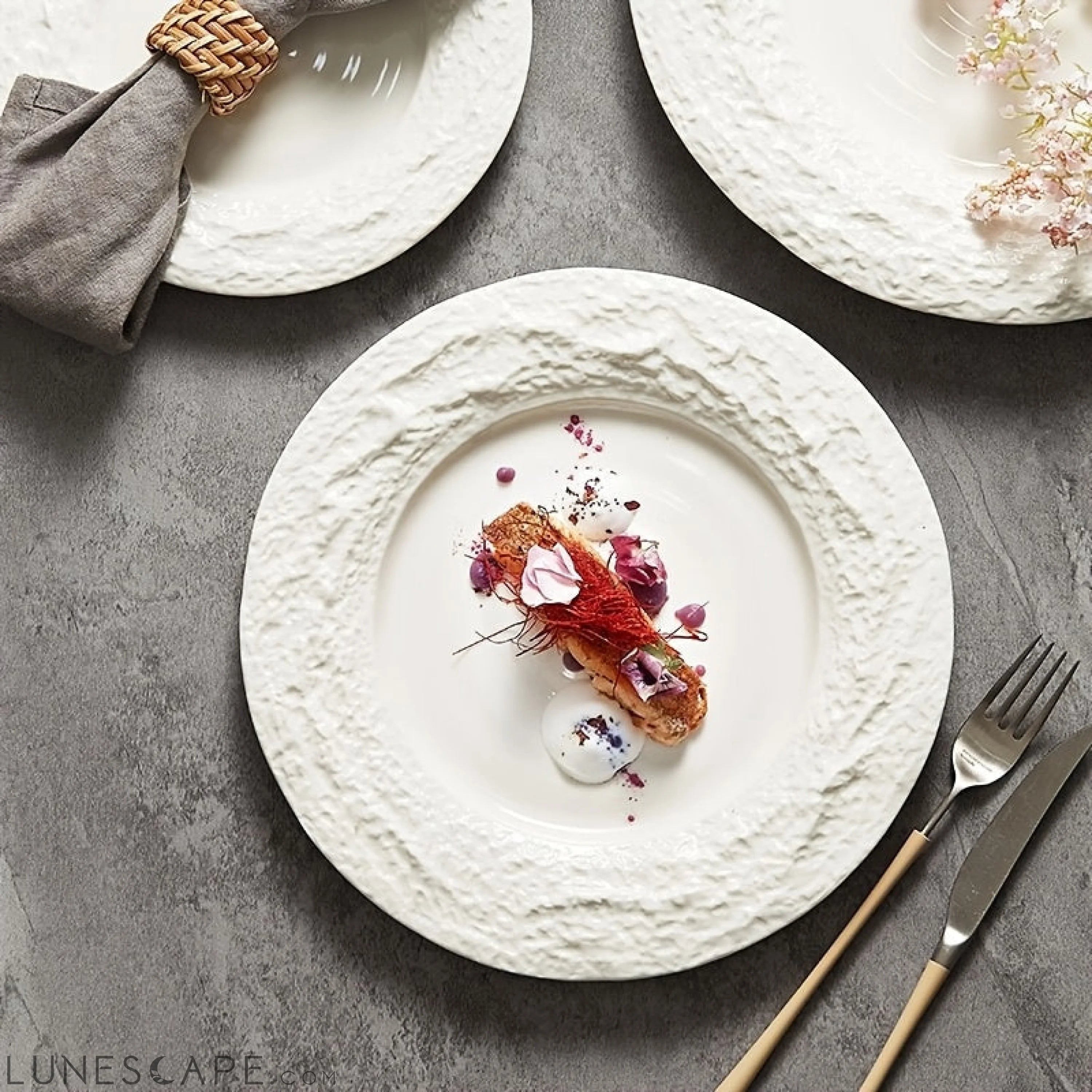 Elegant European Ceramic Dinner Plate with Relief Pattern LUNESCAPE