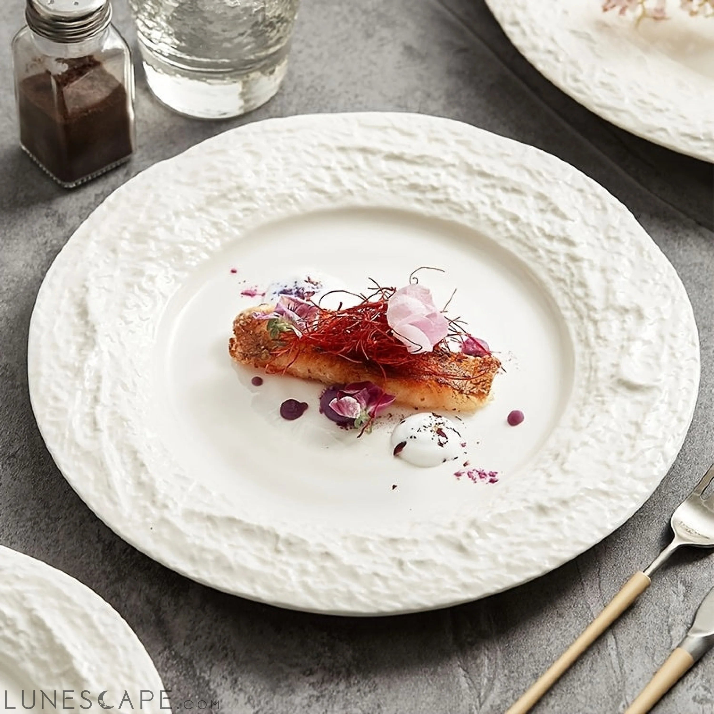 Elegant European Ceramic Dinner Plate with Relief Pattern LUNESCAPE