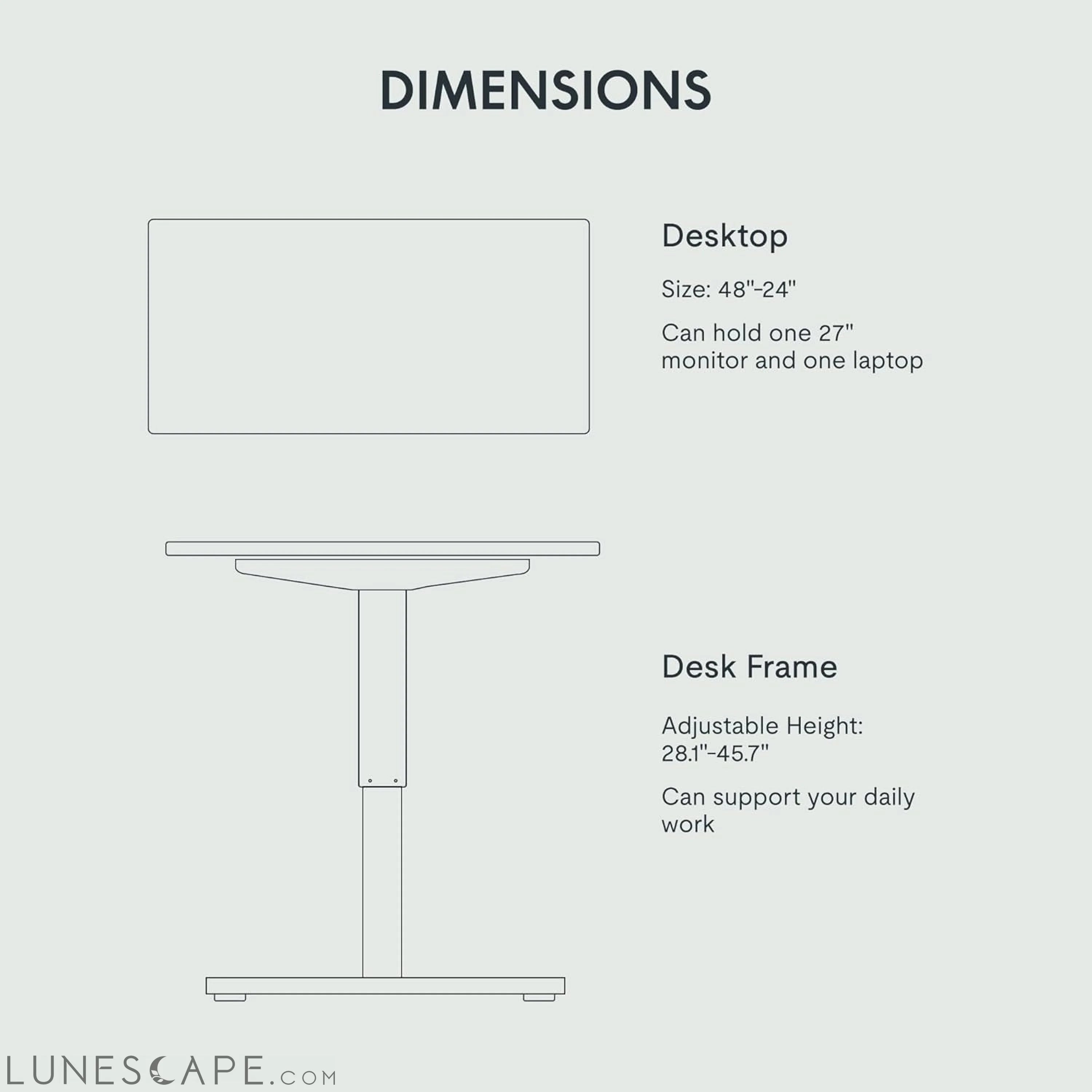 EN1 One Piece Standing Desk, 48 X 24 Inch Desktop Electric Adjustable LUNESCAPE