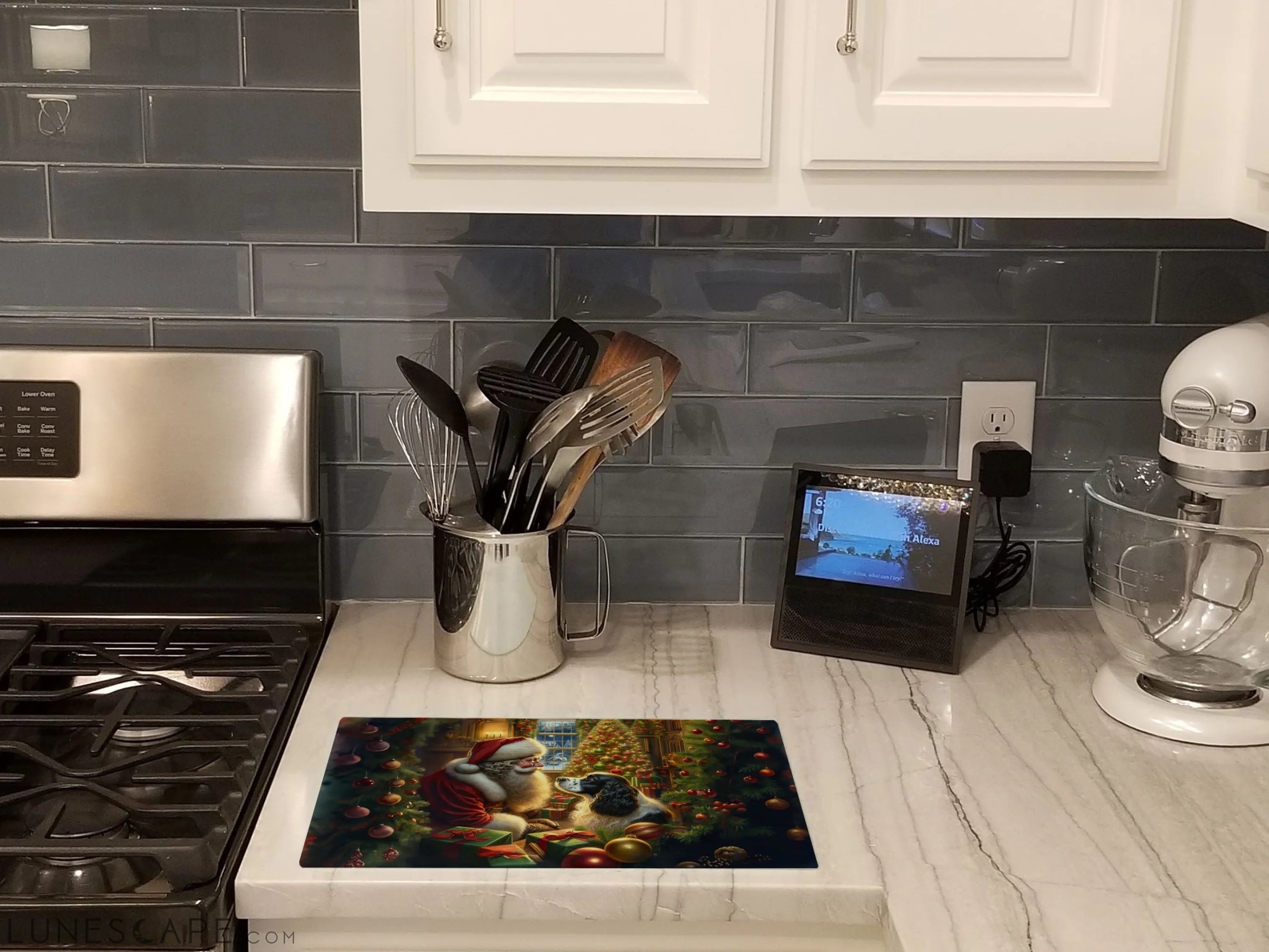 English Springer Spaniel and Santa Claus Glass Cutting Board LUNESCAPE