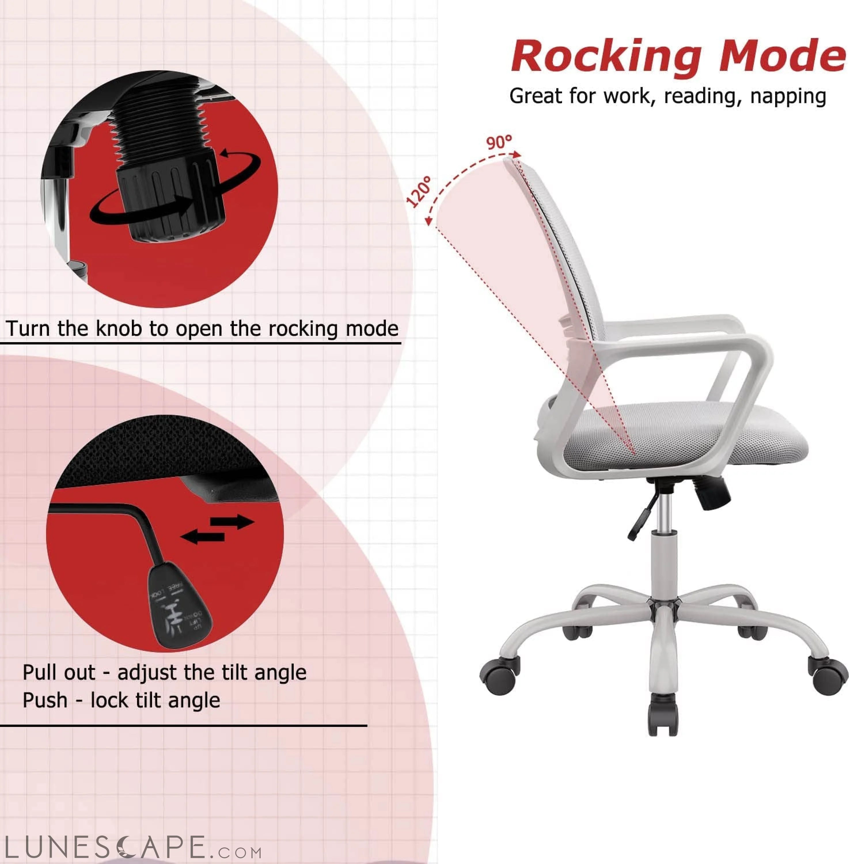 Ergonomic Grey Mesh Desk Chair with Wheels LUNESCAPE