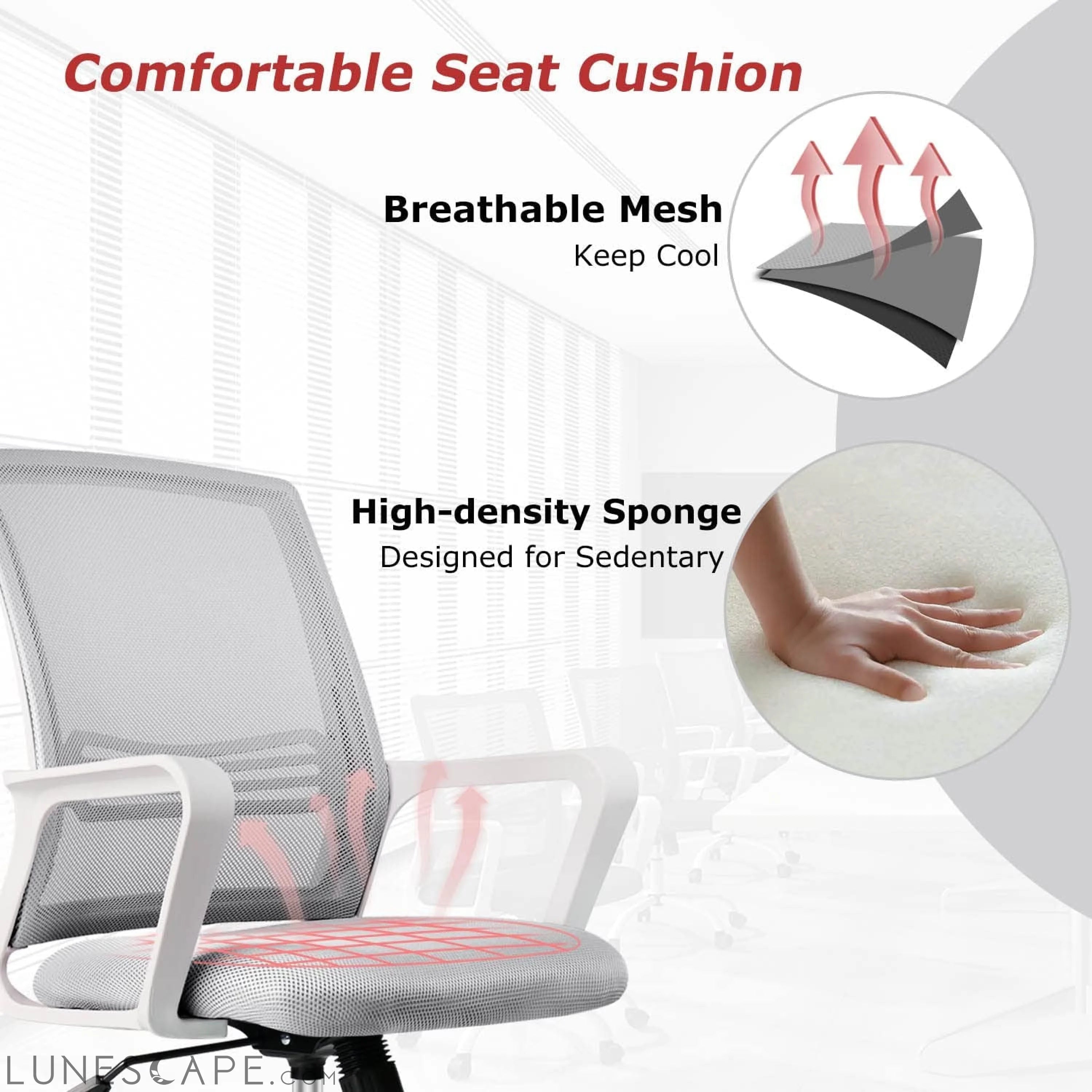 Ergonomic Grey Mesh Desk Chair with Wheels LUNESCAPE