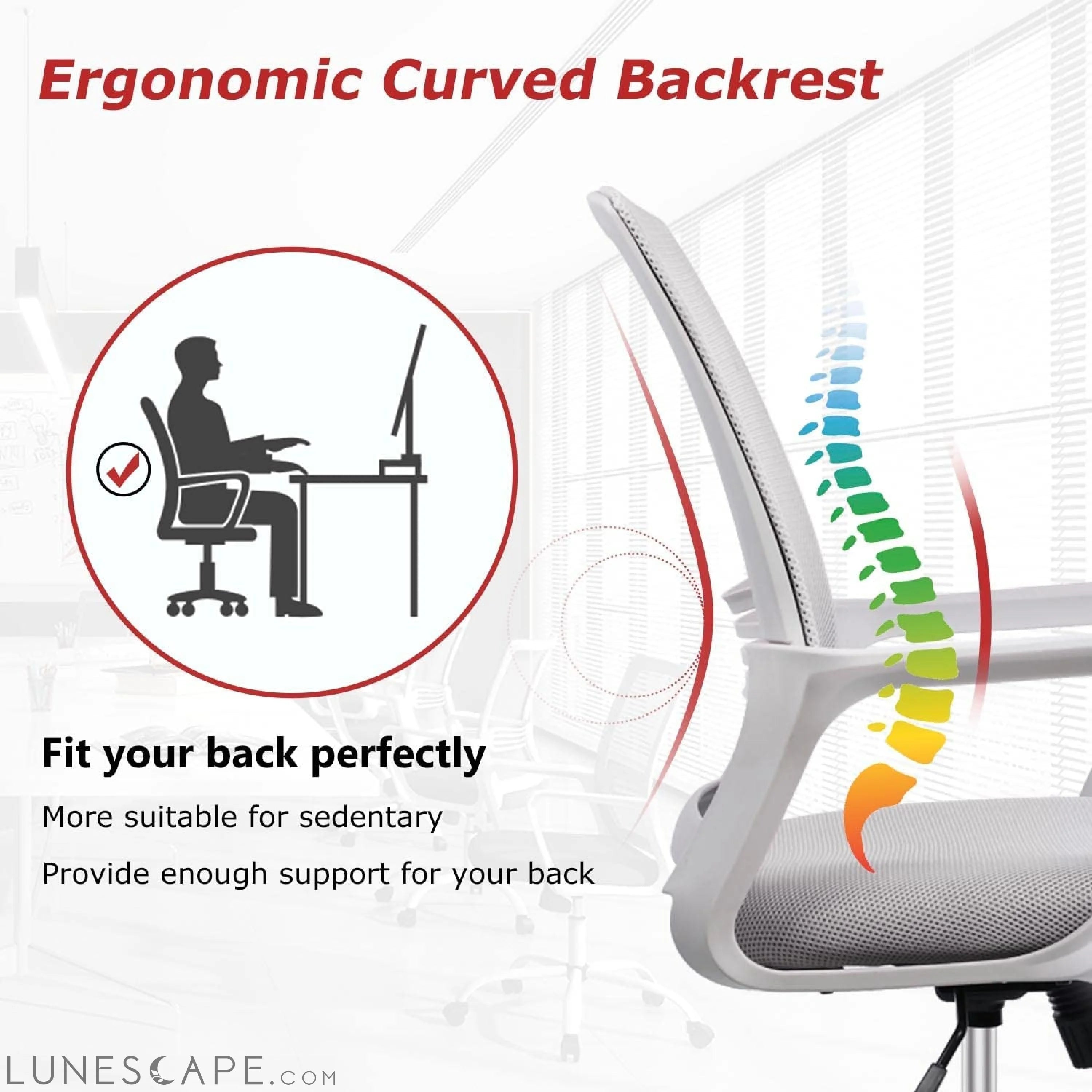 Ergonomic Grey Mesh Desk Chair with Wheels LUNESCAPE