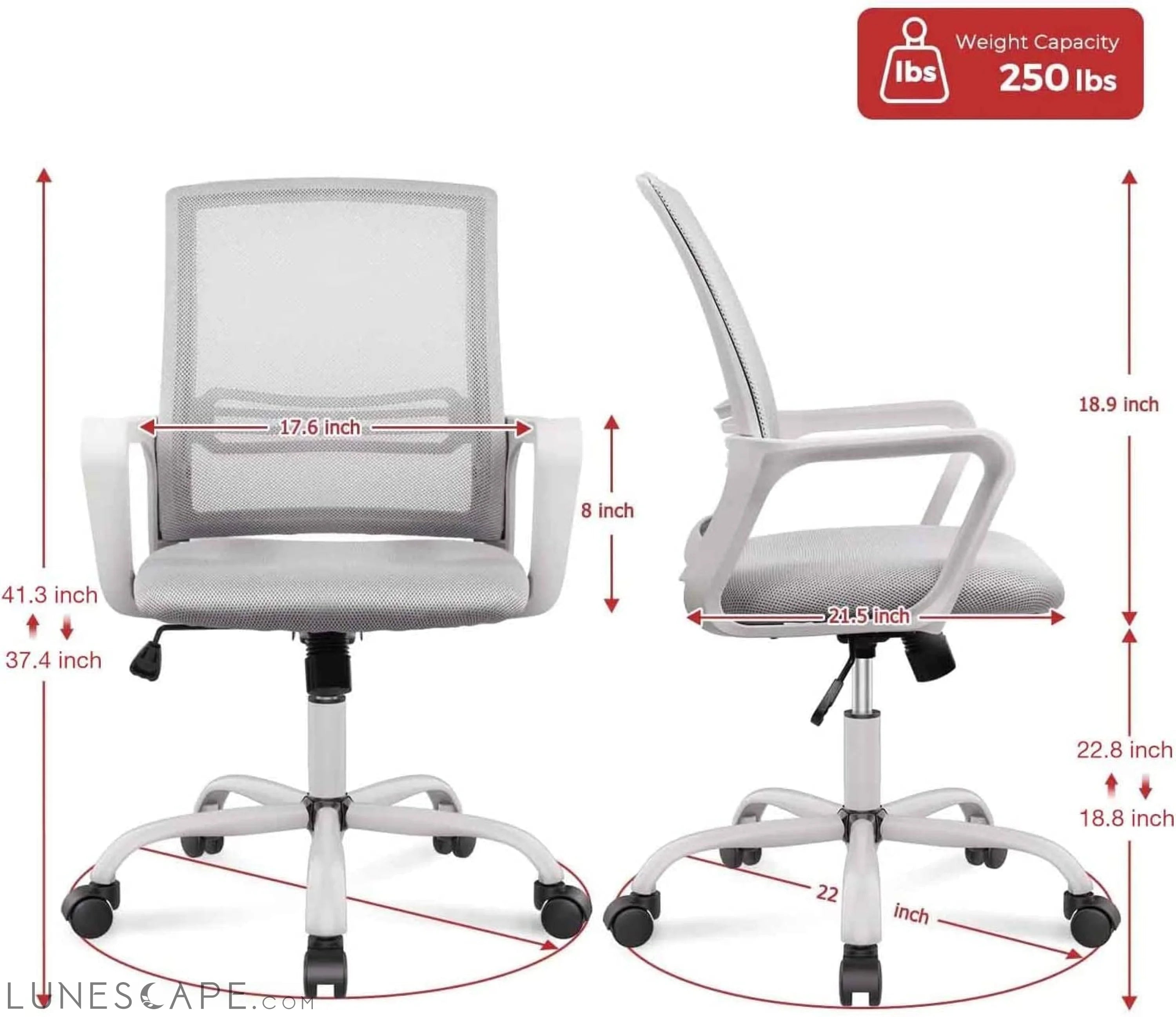 Ergonomic Grey Mesh Desk Chair with Wheels LUNESCAPE