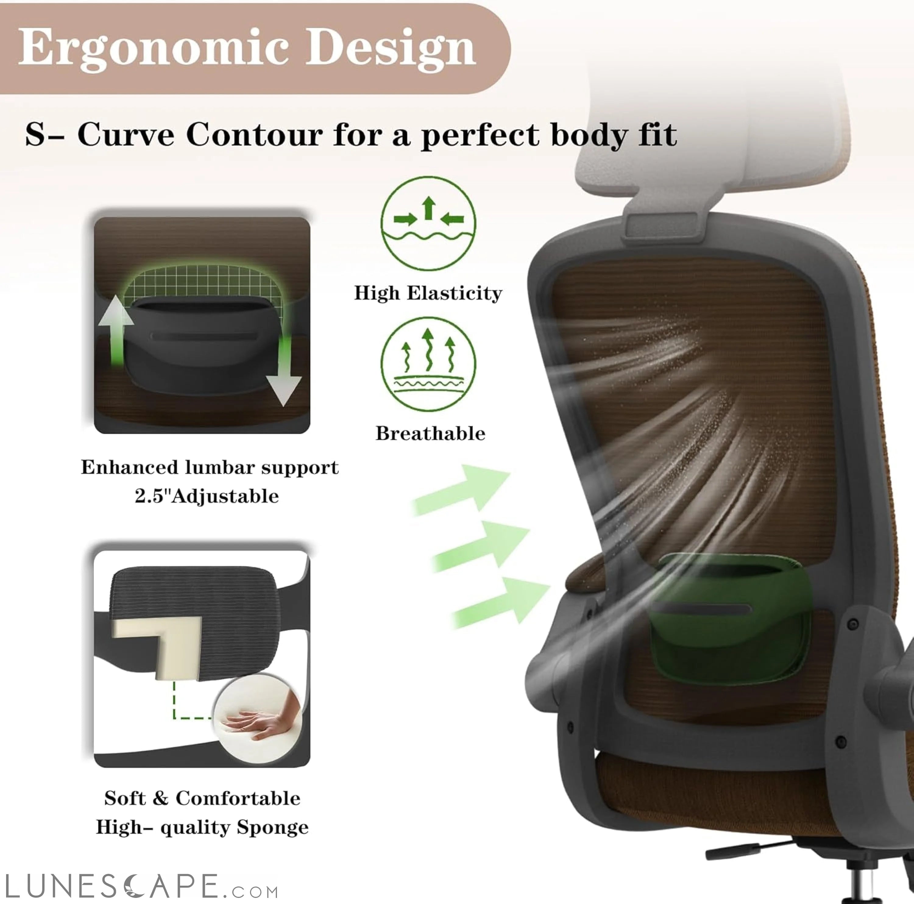 Ergonomic Mesh Office Chair, High Back Computer Desk Chair with LUNESCAPE