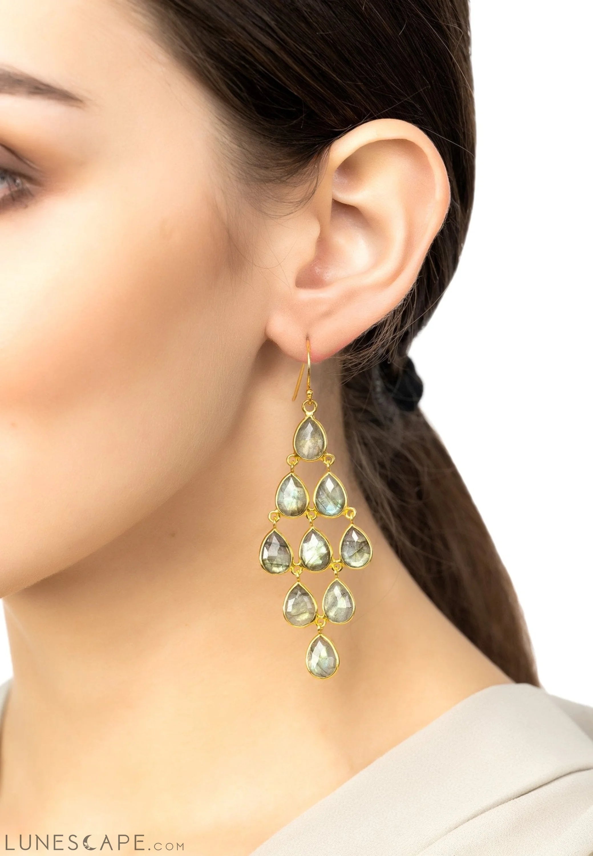 Erviola Gemstone Cascade Earrings Gold Labradorite LUNESCAPE