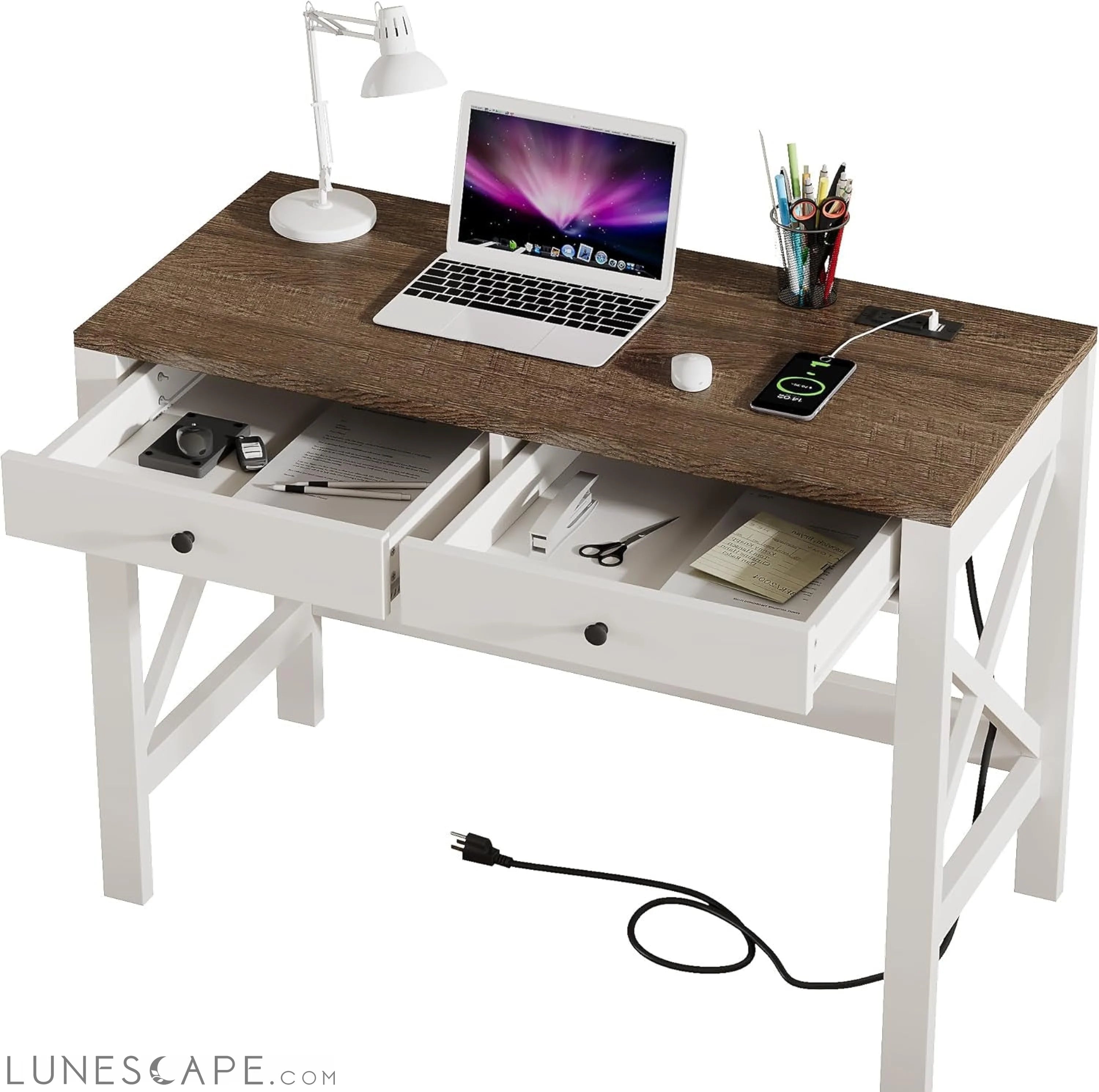 Farmhouse Desk with USB Charging Ports and Power Outlets, 39" Computer LUNESCAPE