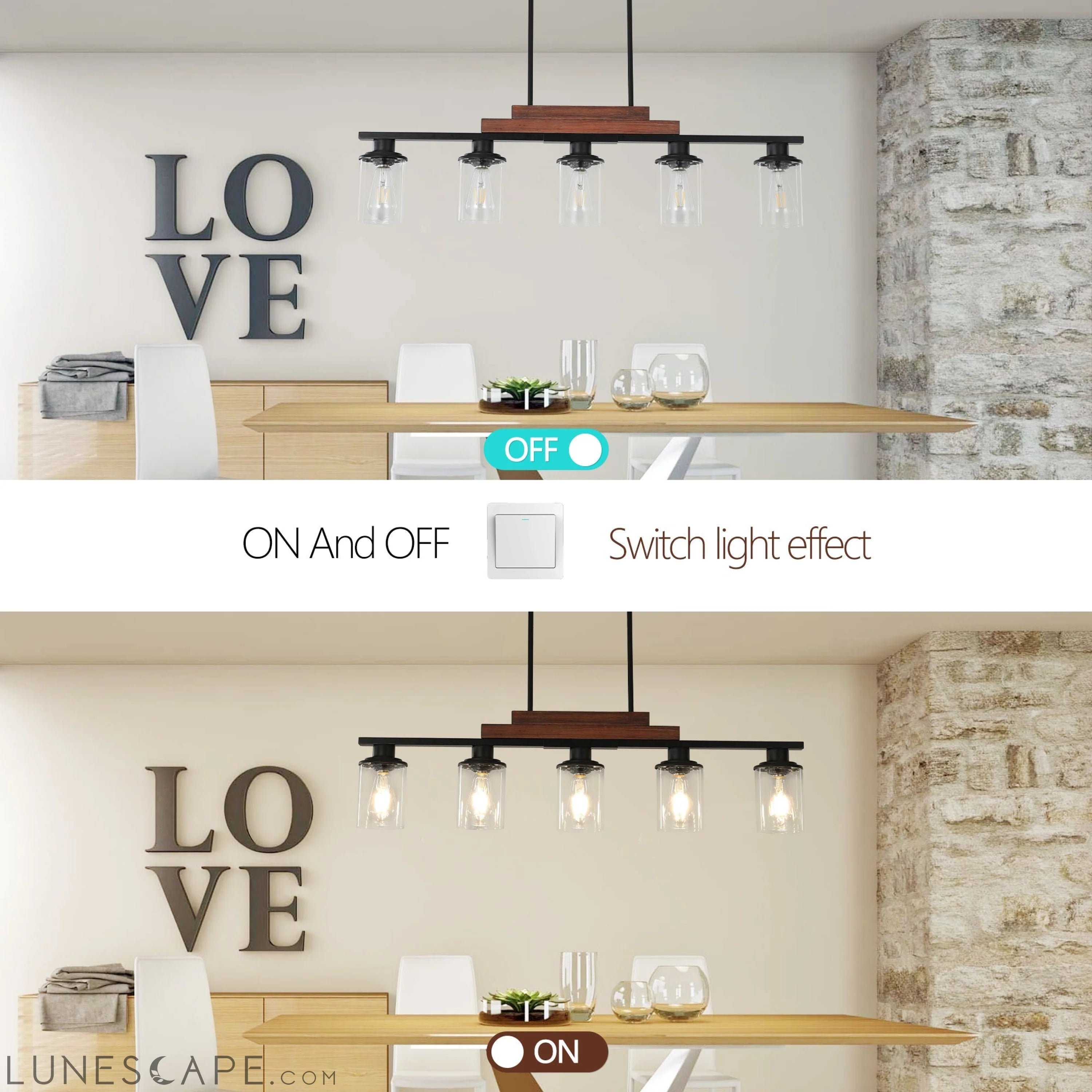 Farmhouse Industrial 5-Light Kitchen Island Pendant Light, Metal Wood LUNESCAPE