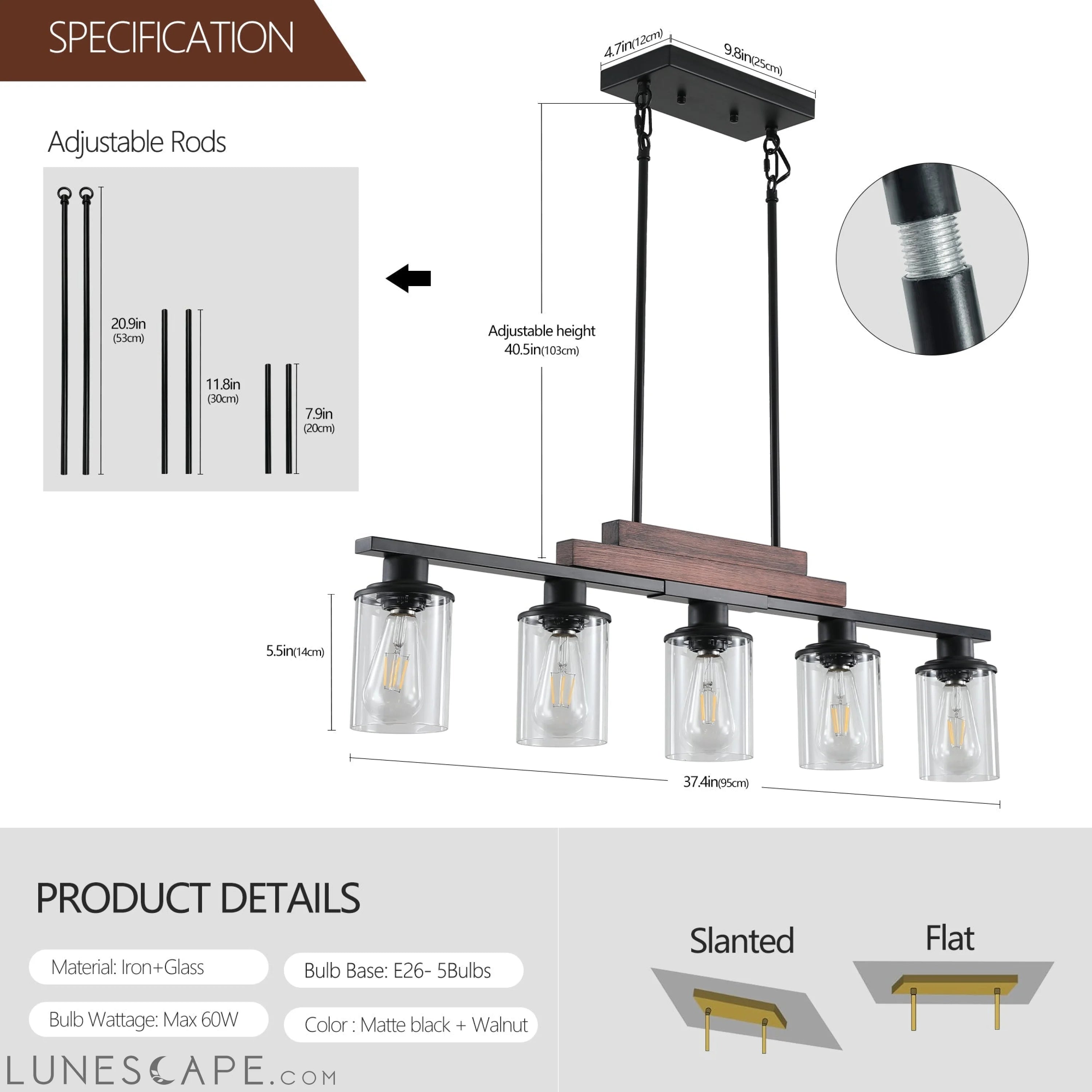 Farmhouse Industrial 5-Light Kitchen Island Pendant Light, Metal Wood LUNESCAPE