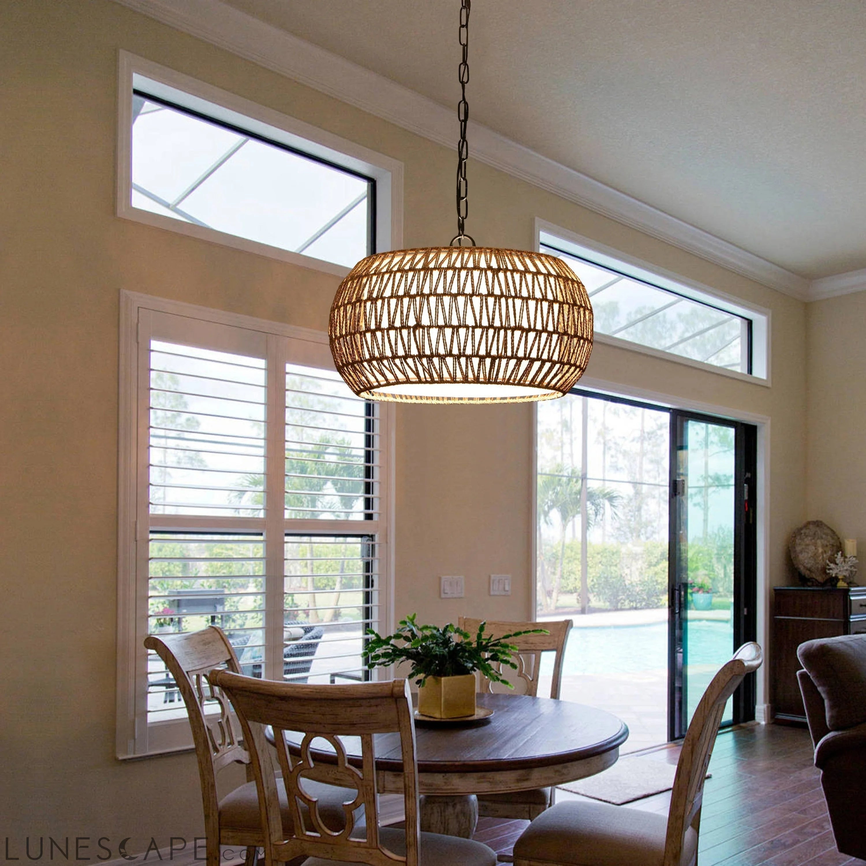 Farmhouse Pendant Light with Adjustable Height, Boho Woven Jute Rope LUNESCAPE