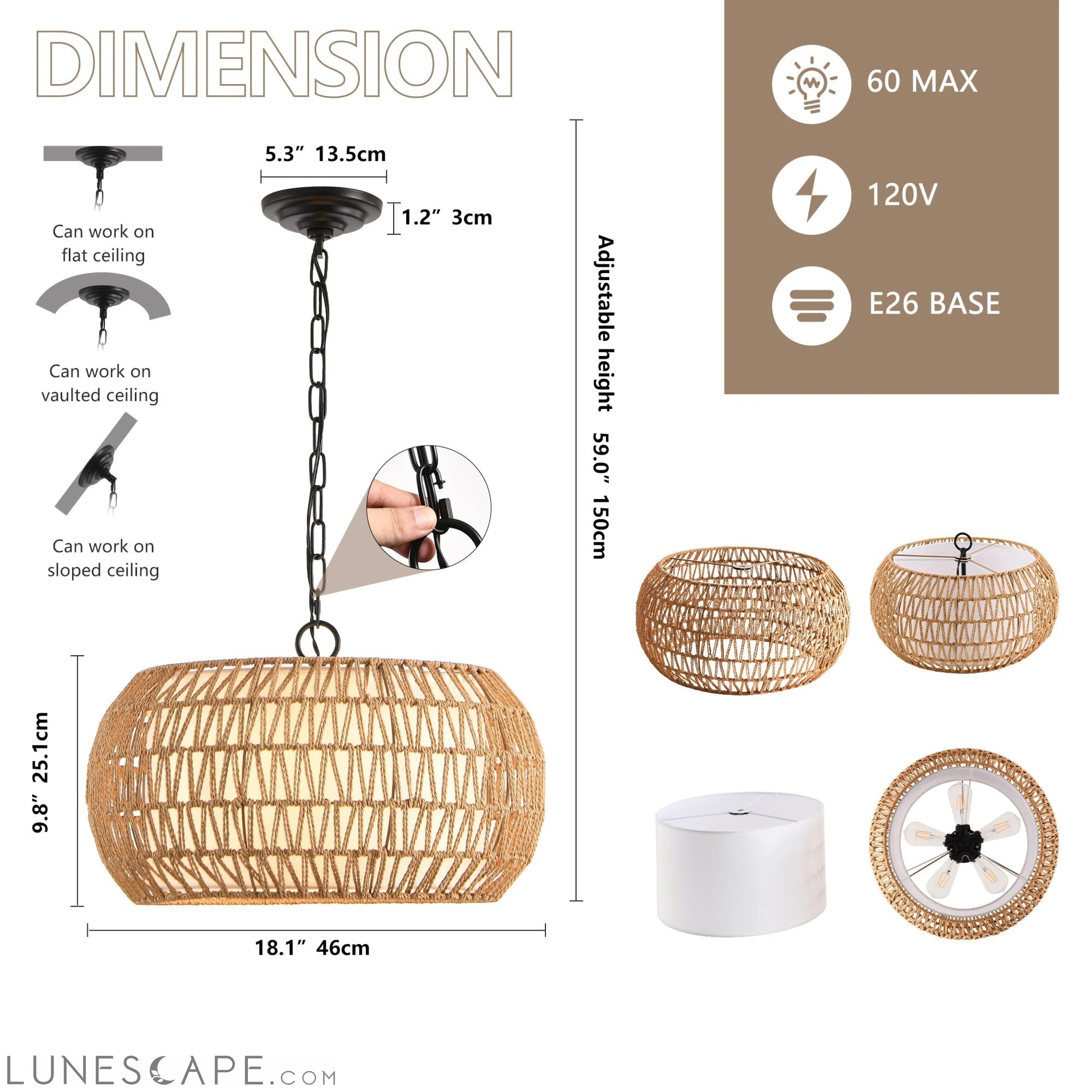 Farmhouse Pendant Light with Adjustable Height, Boho Woven Jute Rope LUNESCAPE
