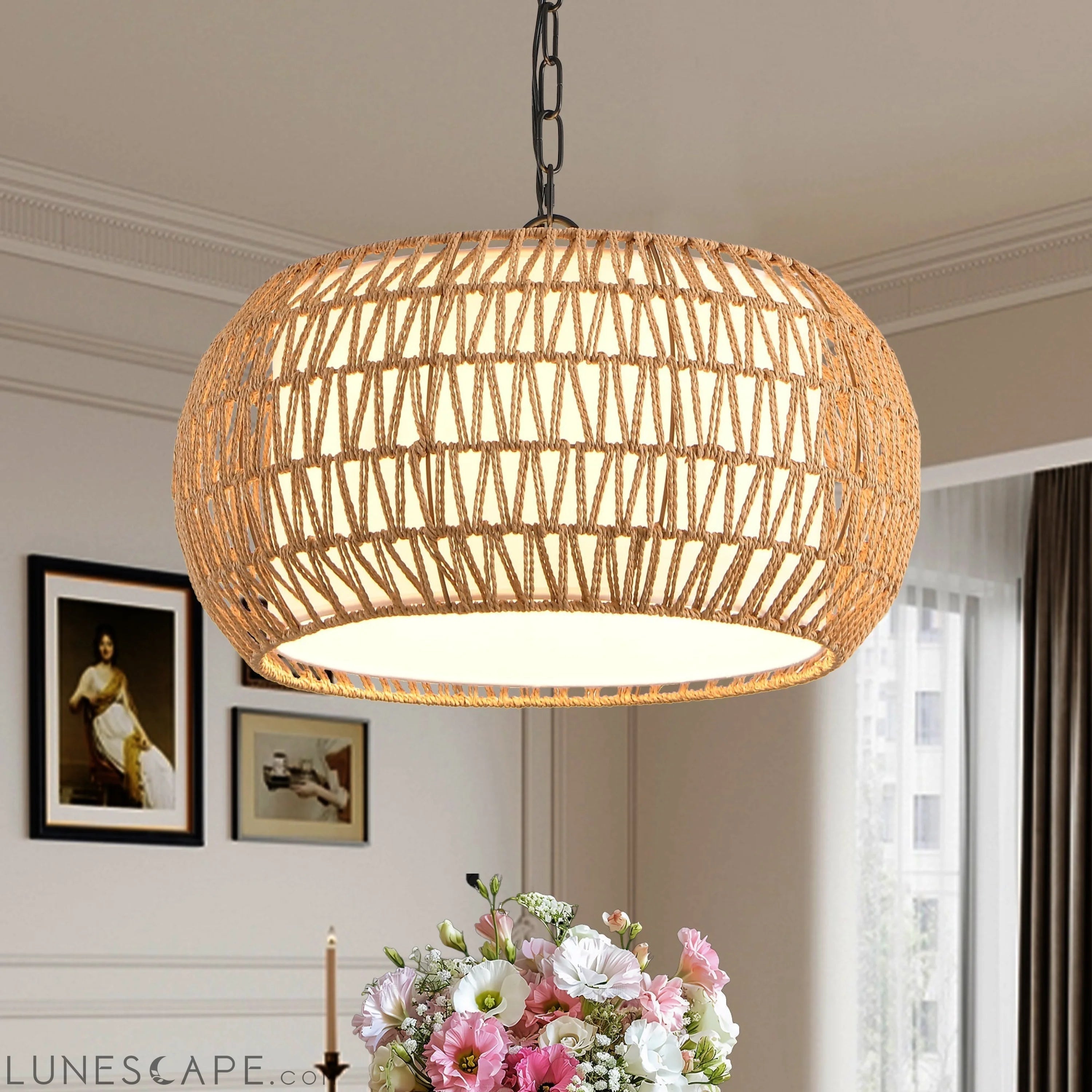 Farmhouse Pendant Light with Adjustable Height, Boho Woven Jute Rope LUNESCAPE
